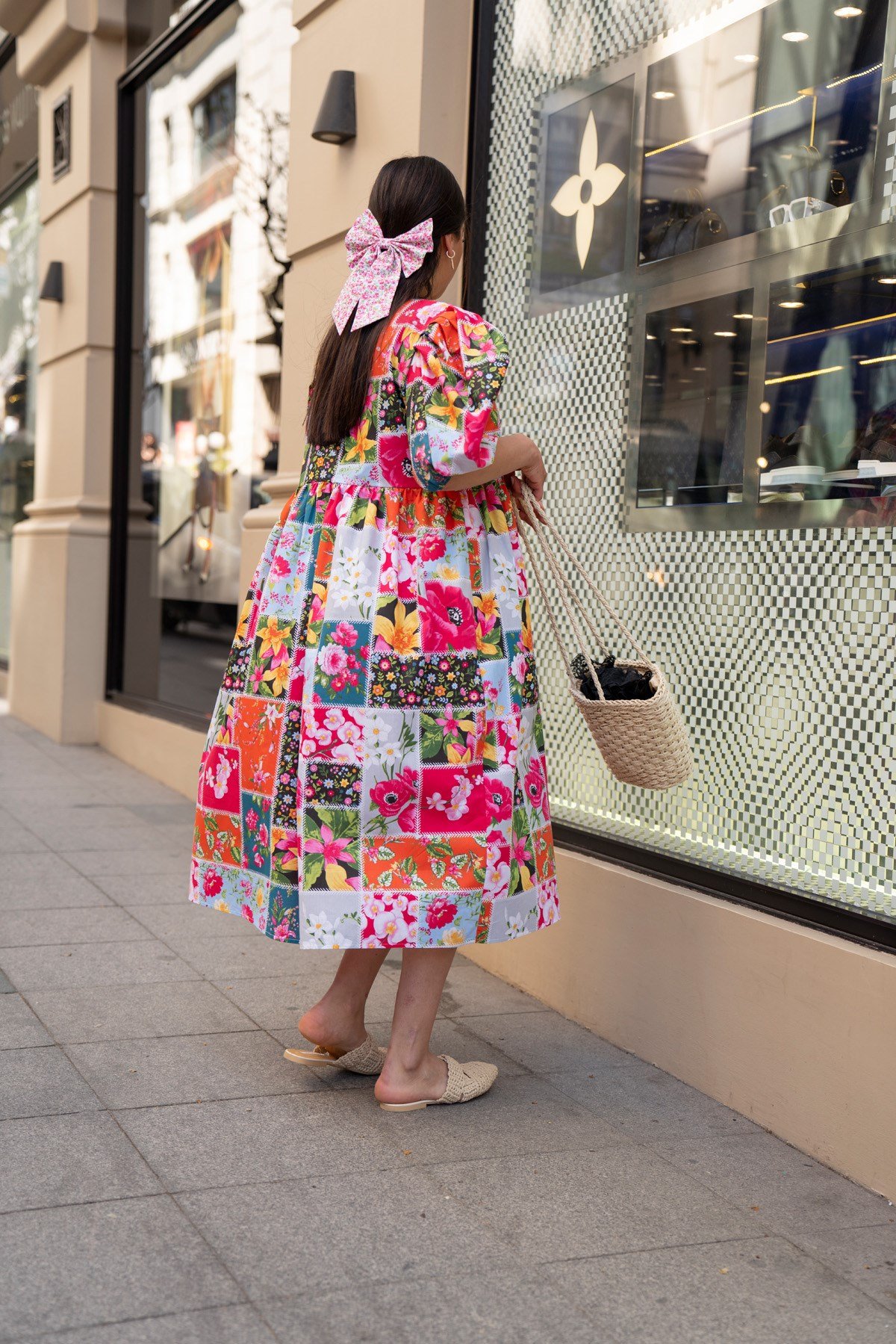 Balon Kol Patchwork Elbise Midi