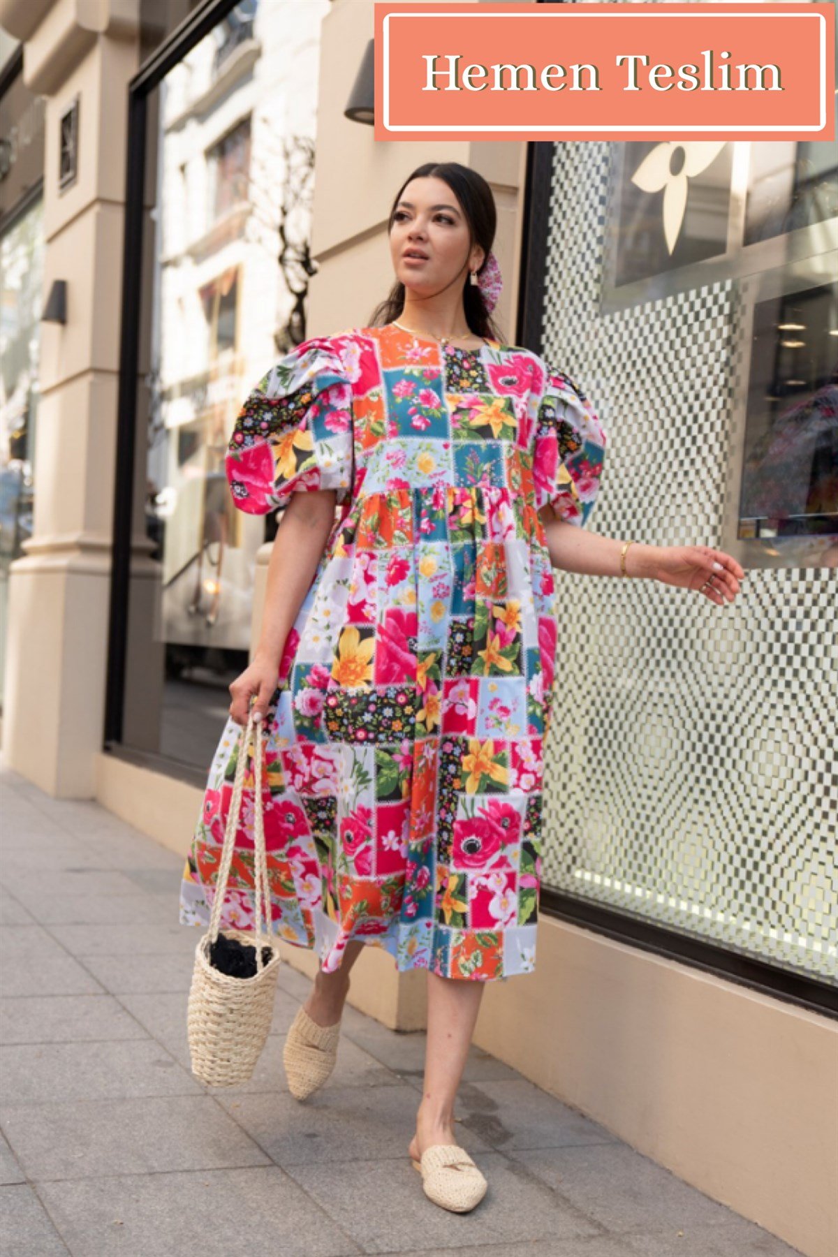 Balon Kol Patchwork Elbise Midi