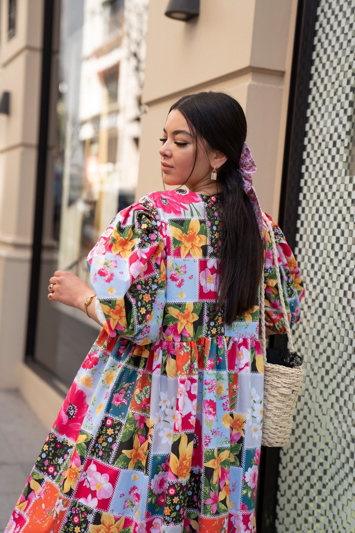 Balon Kol Patchwork Elbise Midi