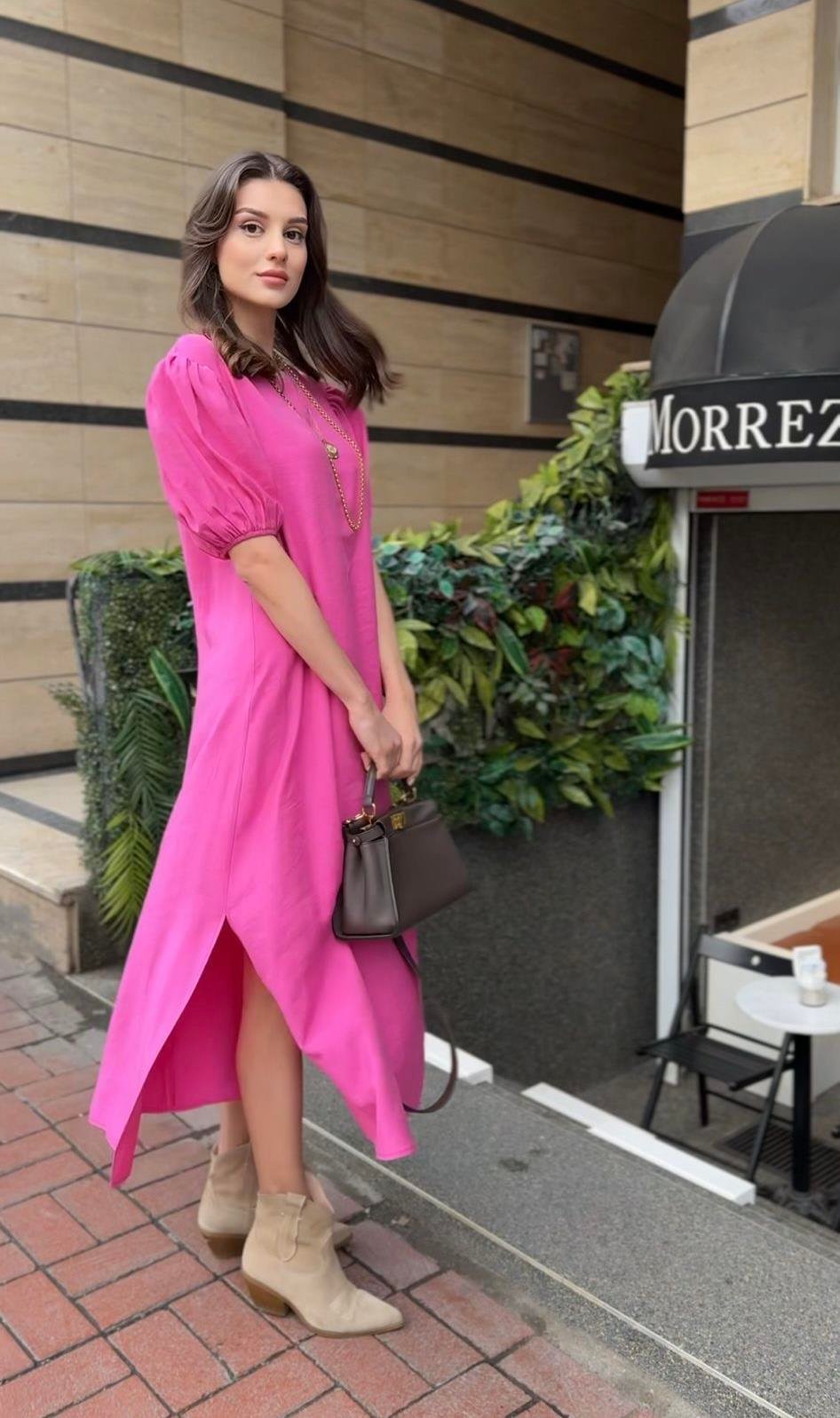 Balon Kol Pembe Elbise