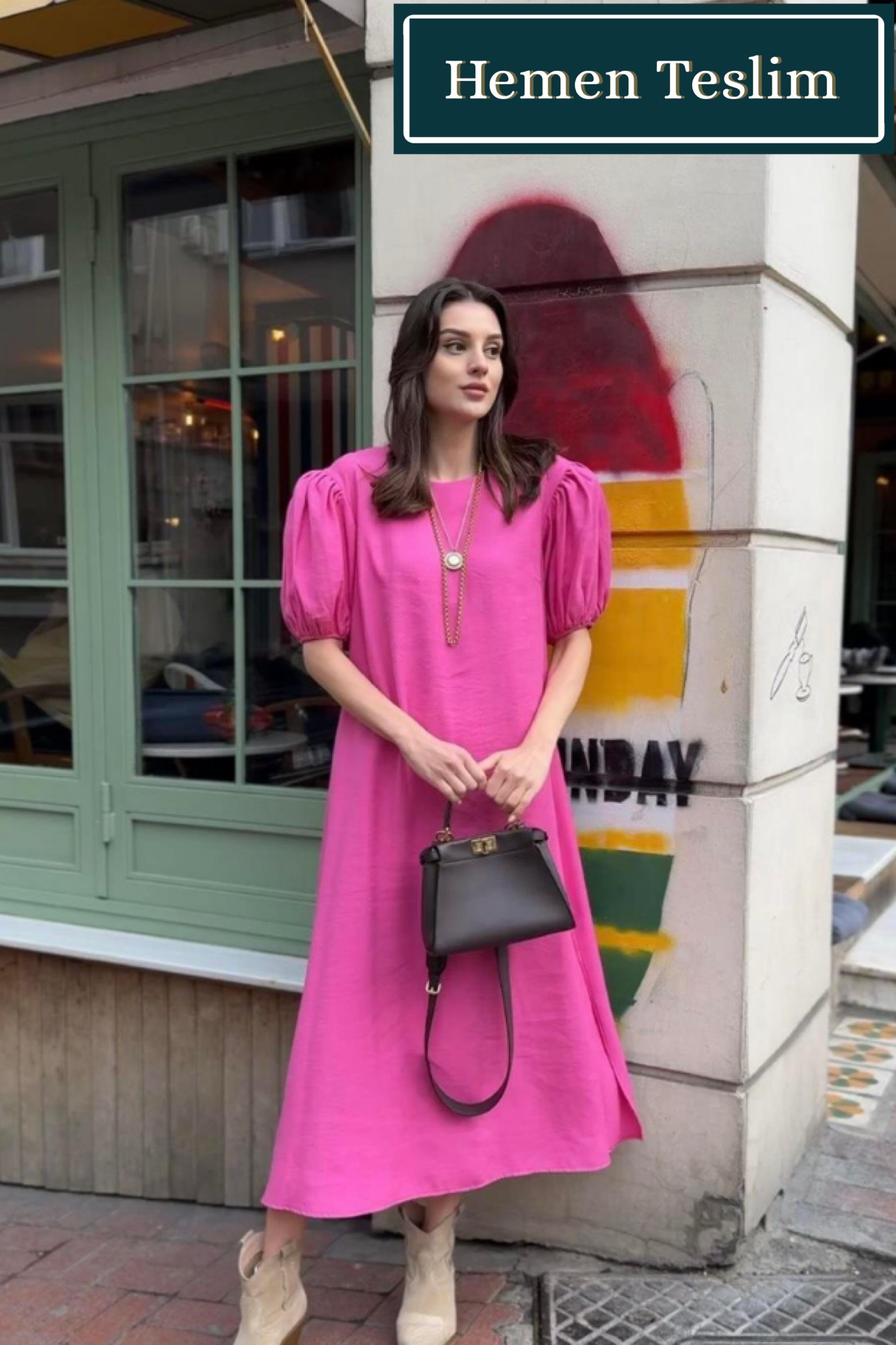 Balon Kol Pembe Elbise