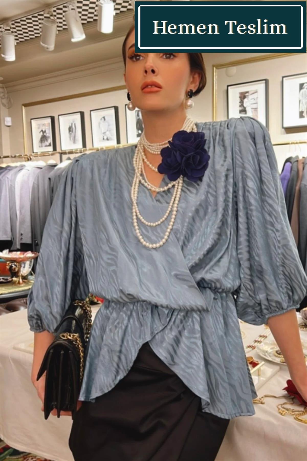 Mavi Jakarlı Peplum Bluz