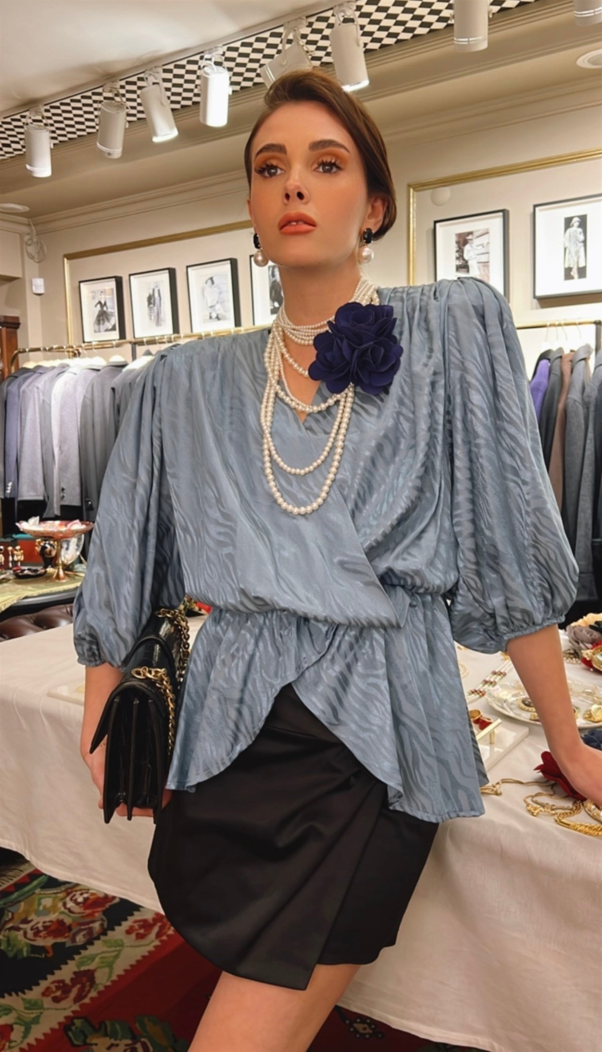 Mavi Jakarlı Peplum Bluz