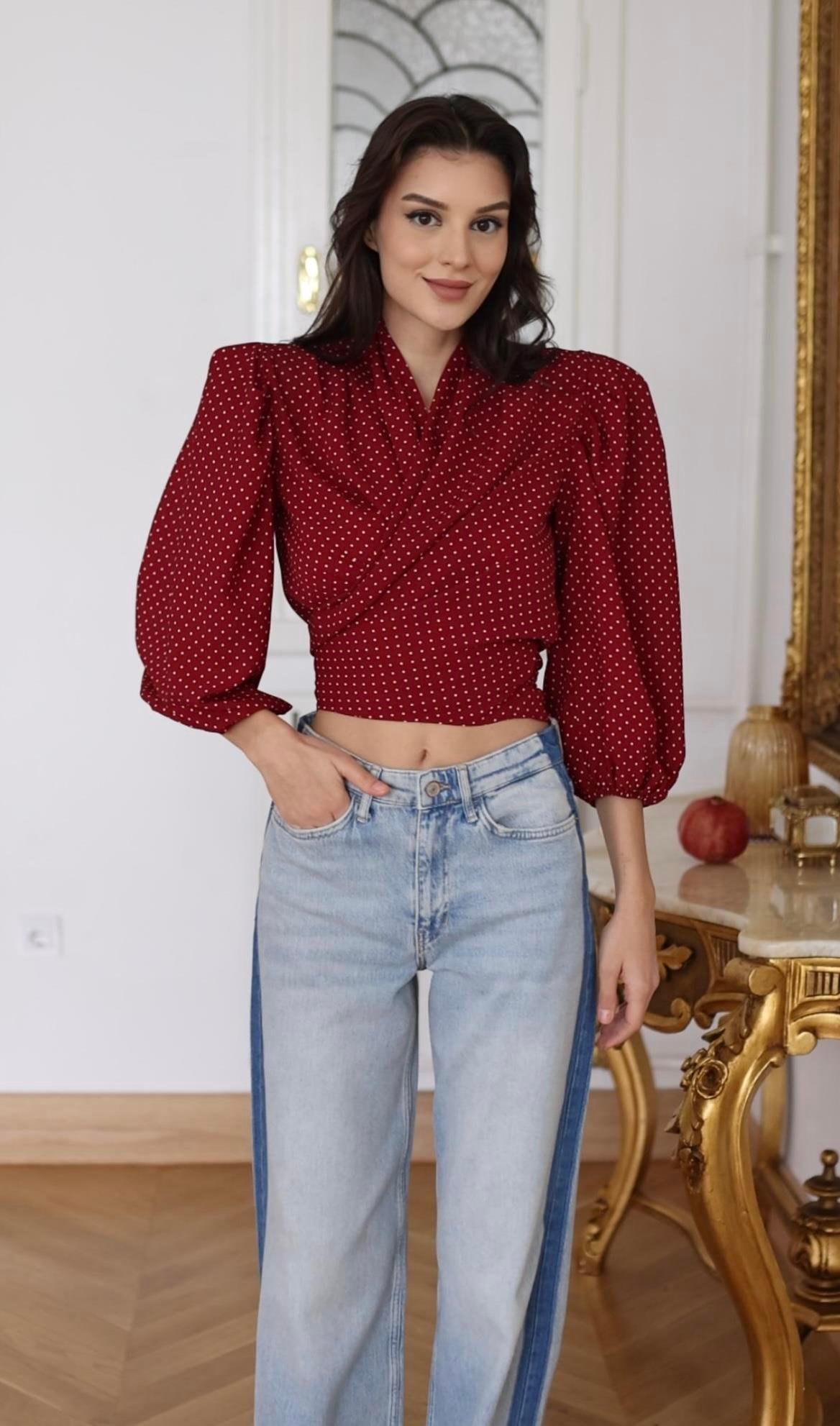 Puanlı Reglan Vatkalı Bluz