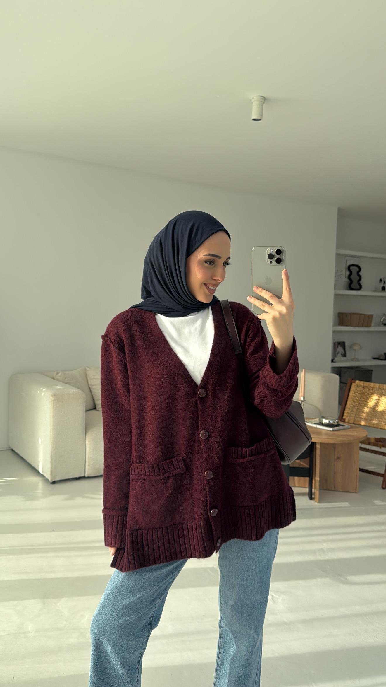 5 Düğmeli Cepli Triko Hırka Bordo