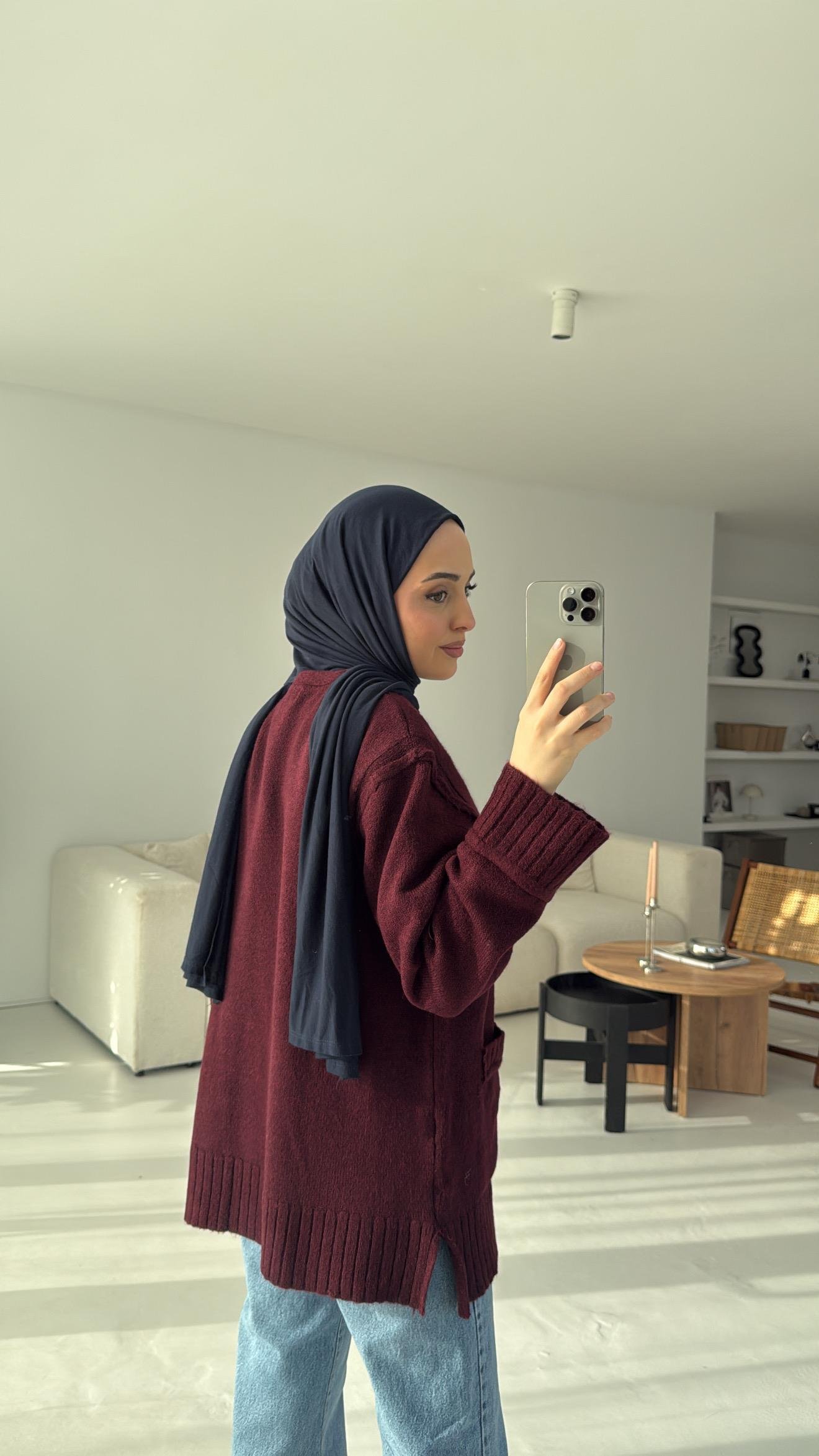 5 Düğmeli Cepli Triko Hırka Bordo