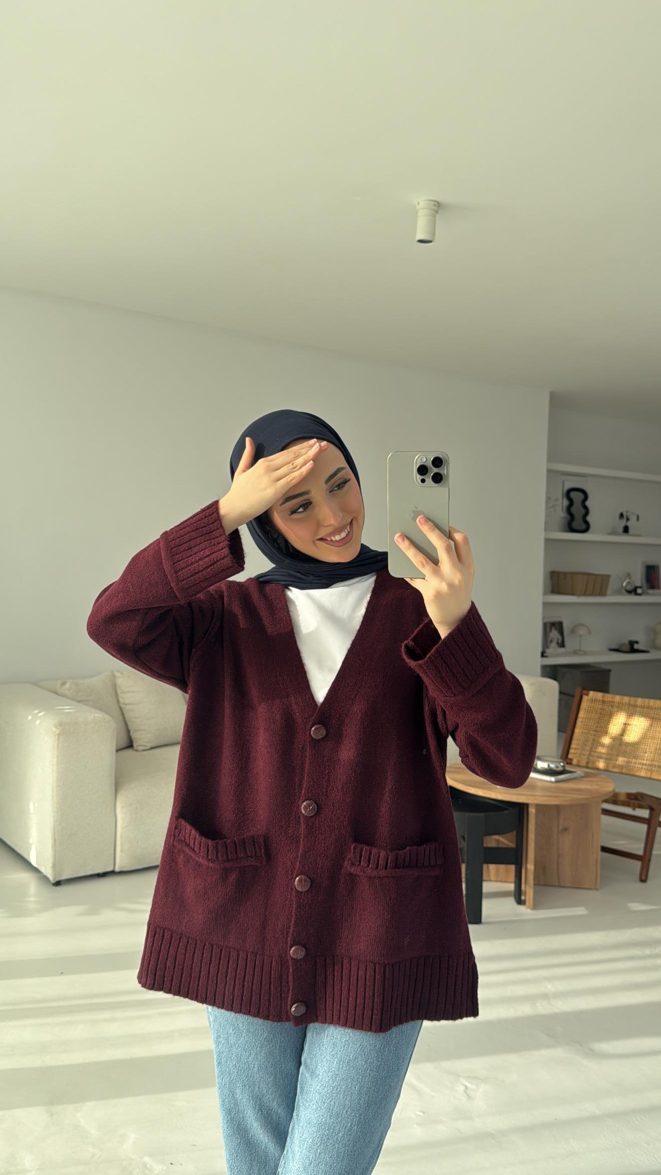 5 Düğmeli Cepli Triko Hırka Bordo