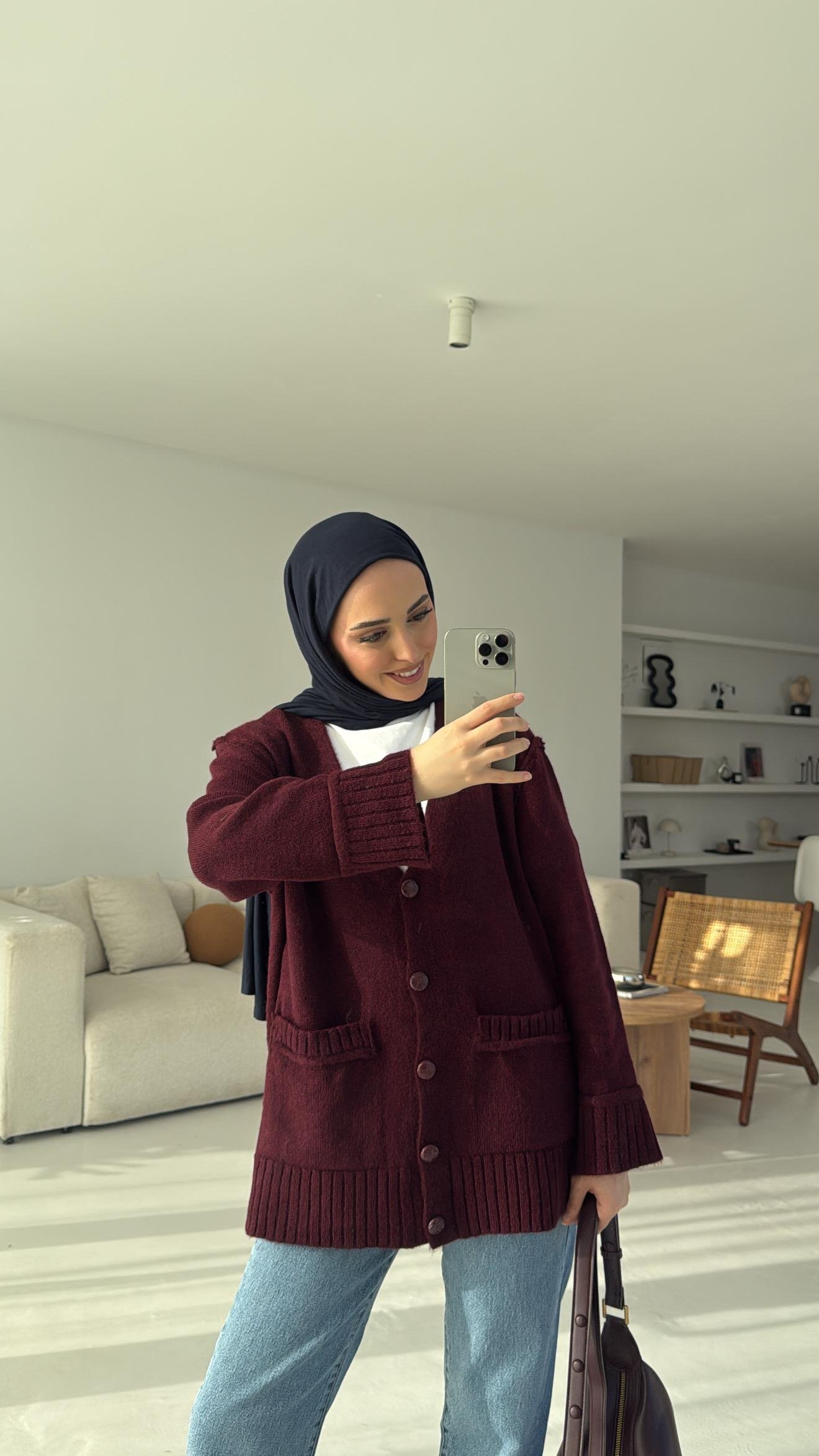 5 Düğmeli Cepli Triko Hırka Bordo
