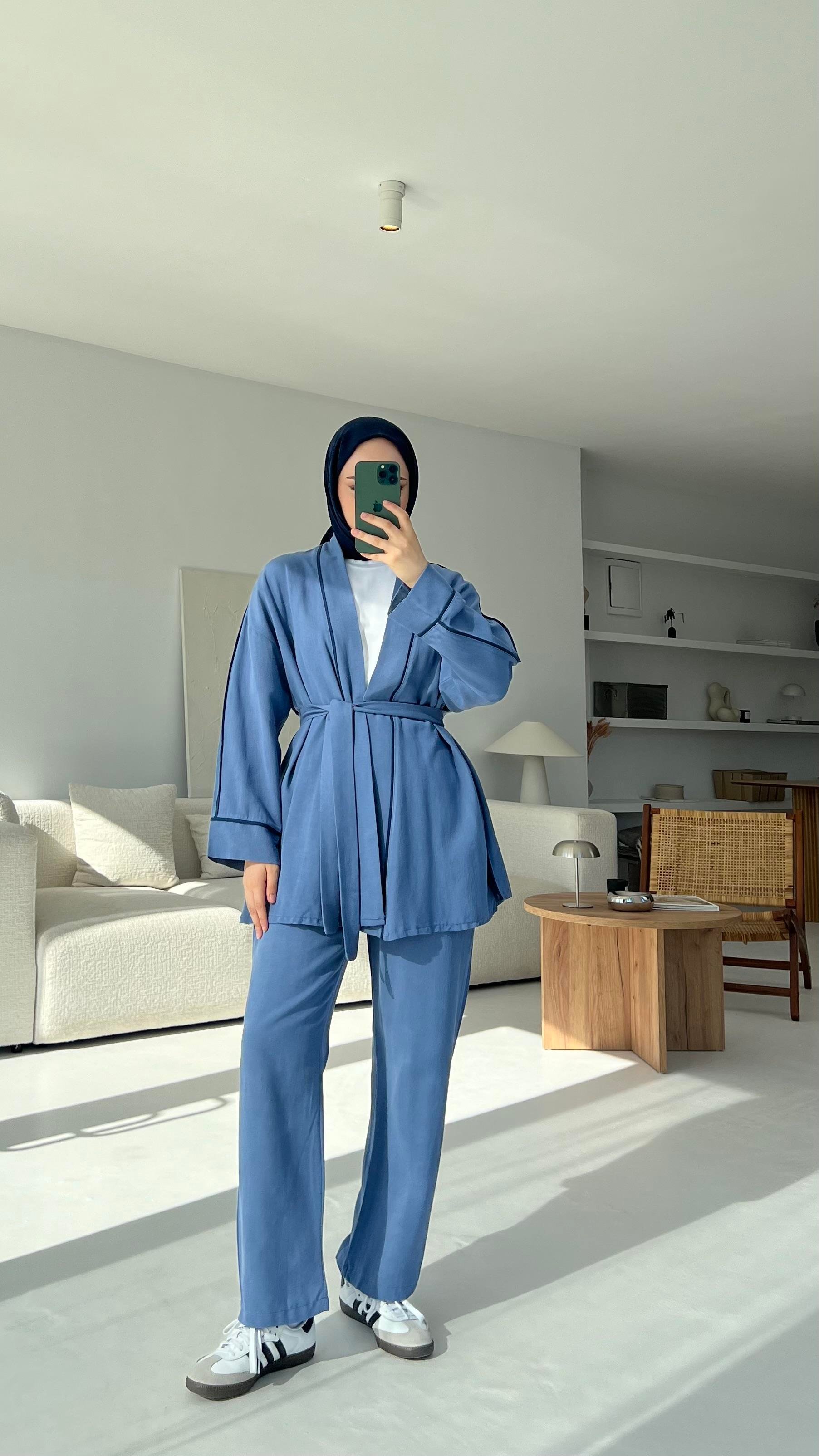 Ara Biyeli Keten Takım İndigo