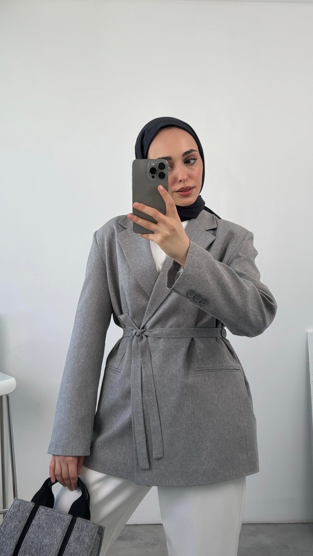 Bağlamalı Blazer Ceket Gri
