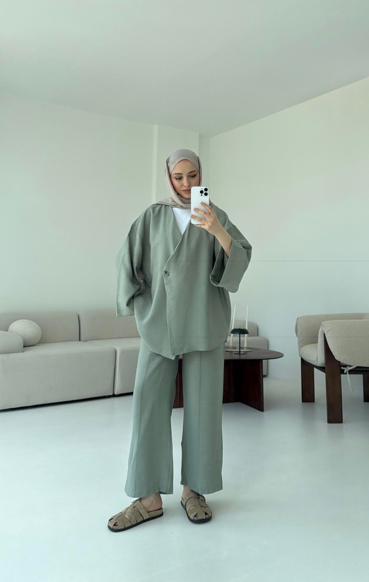 Bağlamalı Kimono Takım Çağla