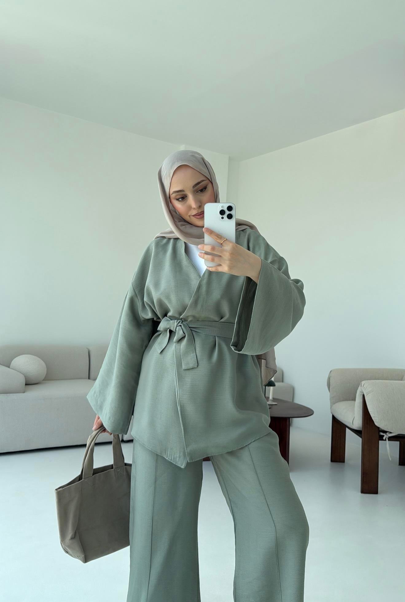 Bağlamalı Kimono Takım Çağla
