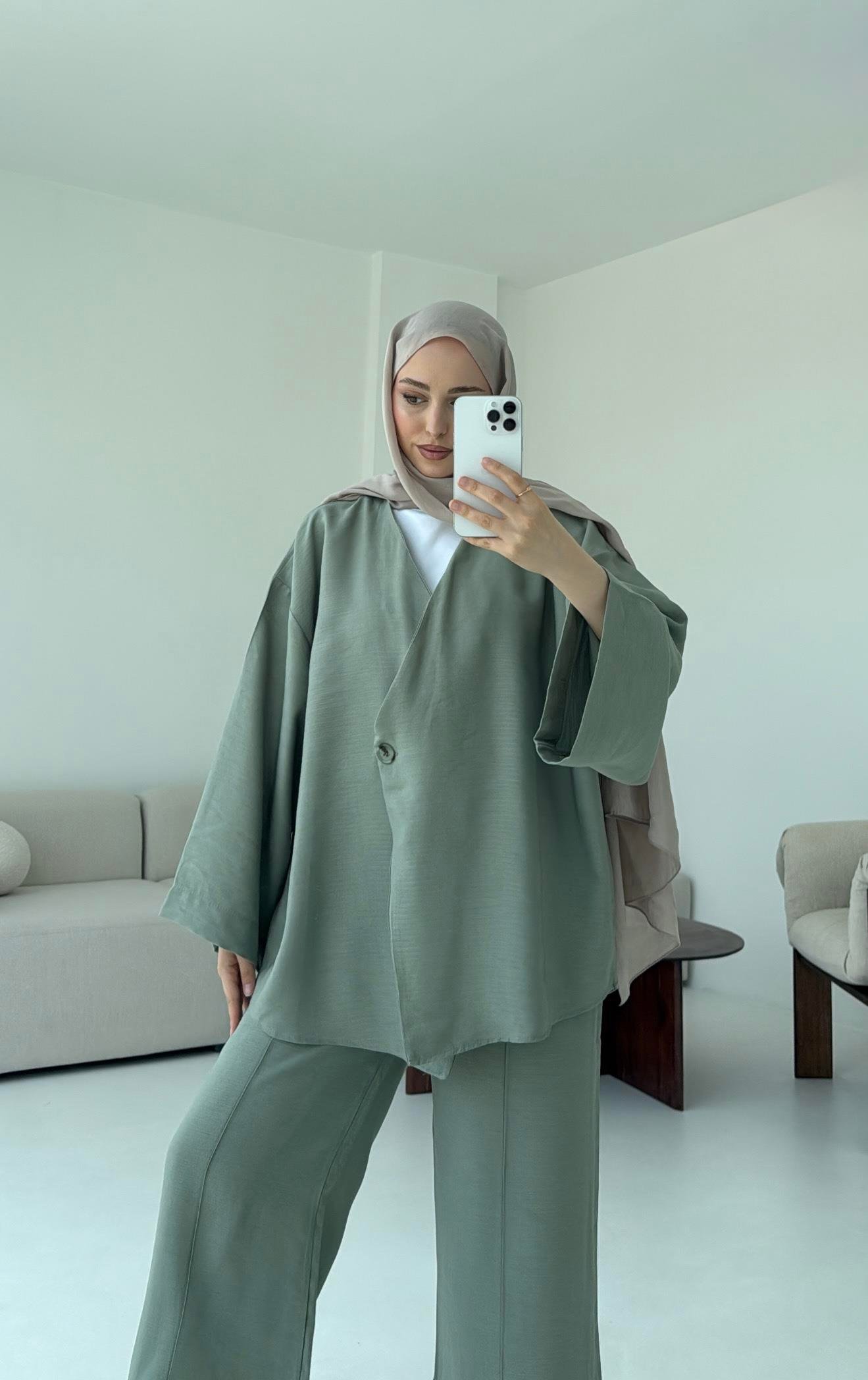 Bağlamalı Kimono Takım Çağla