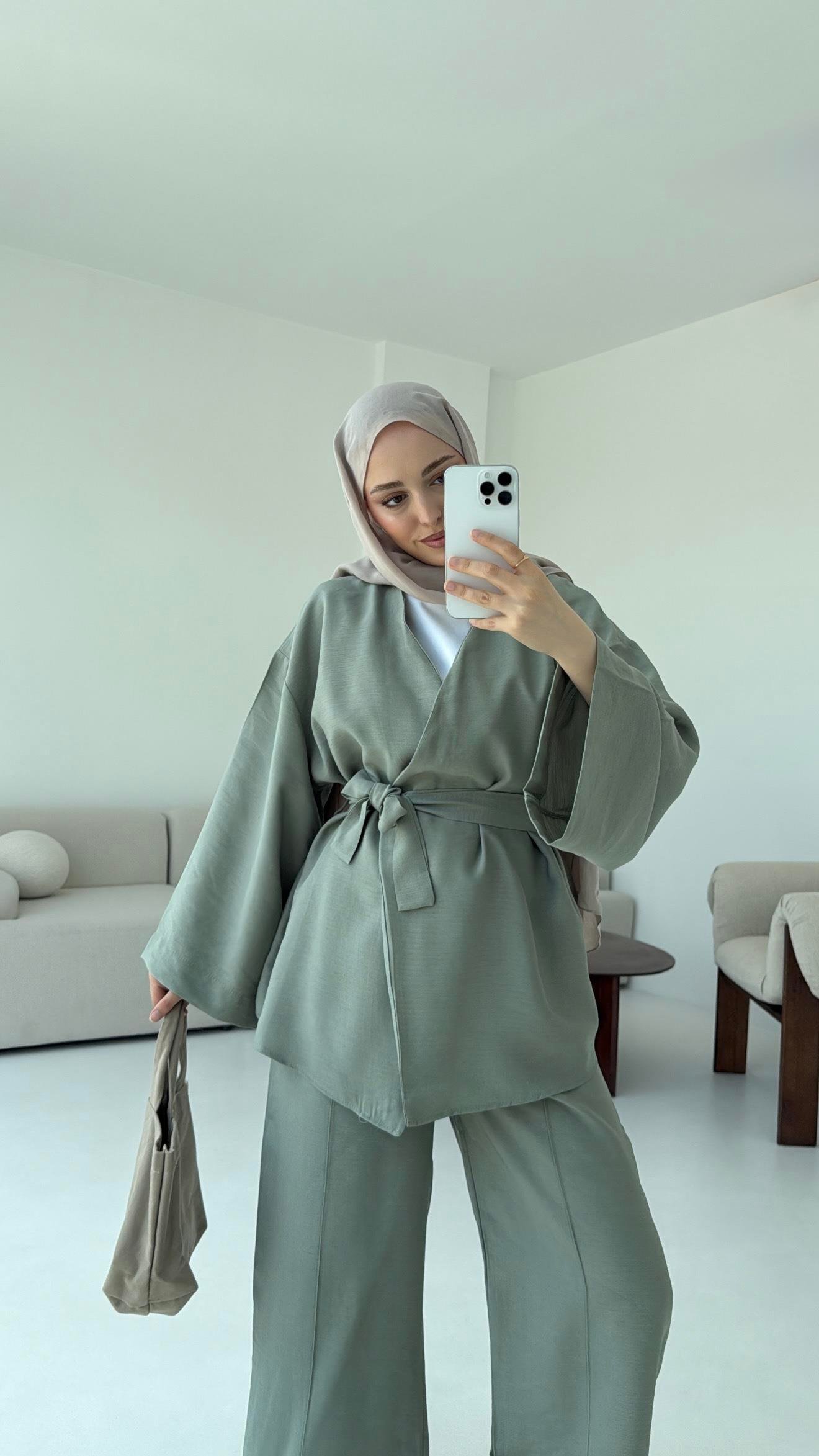 Bağlamalı Kimono Takım Çağla
