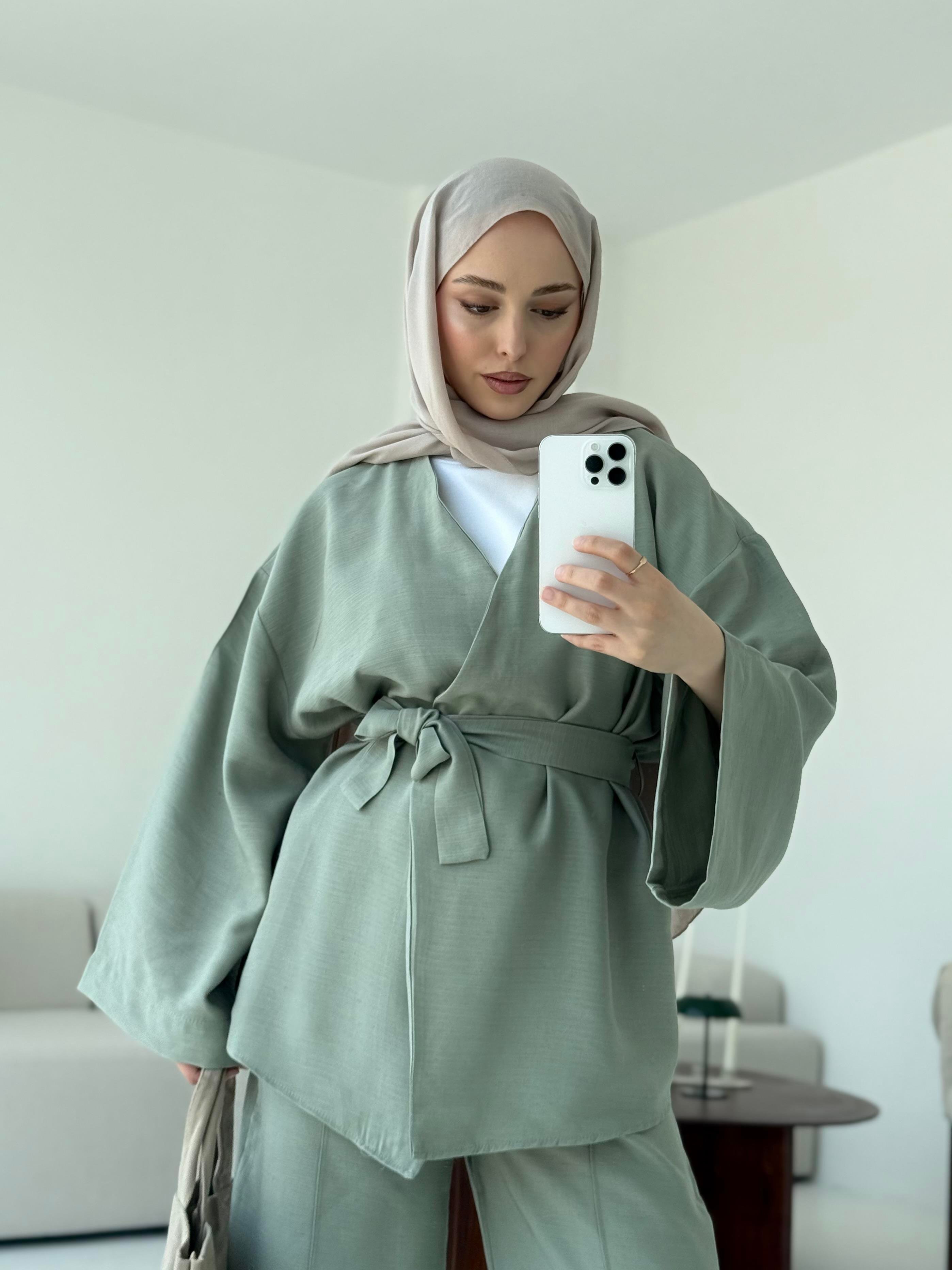 Bağlamalı Kimono Takım Çağla