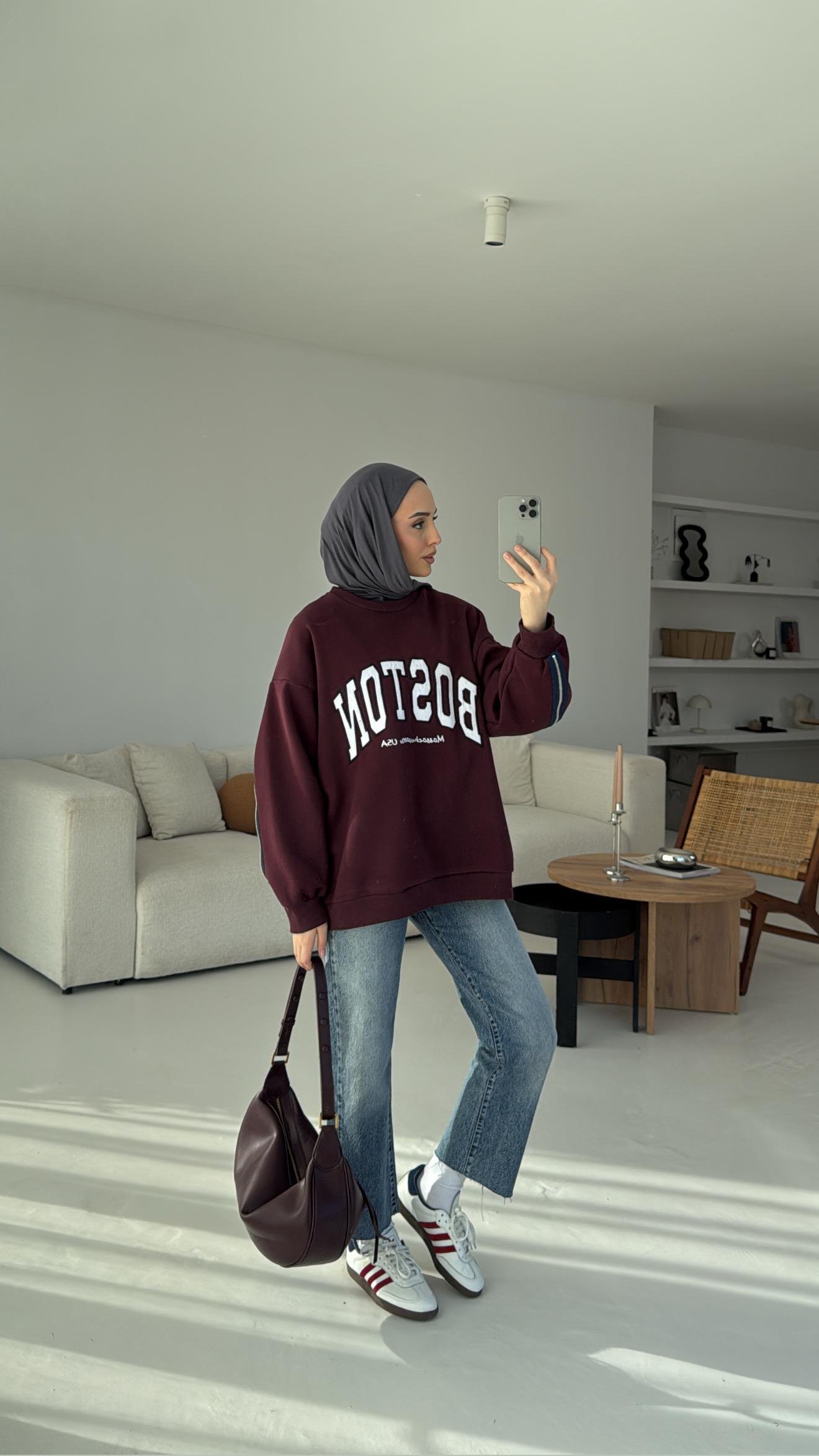 Baston Baskılı Sweatshirt Bordo