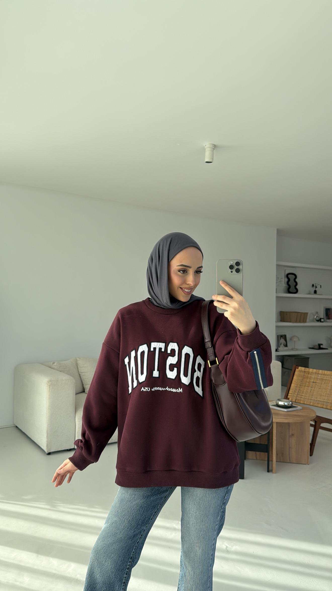Baston Baskılı Sweatshirt Bordo