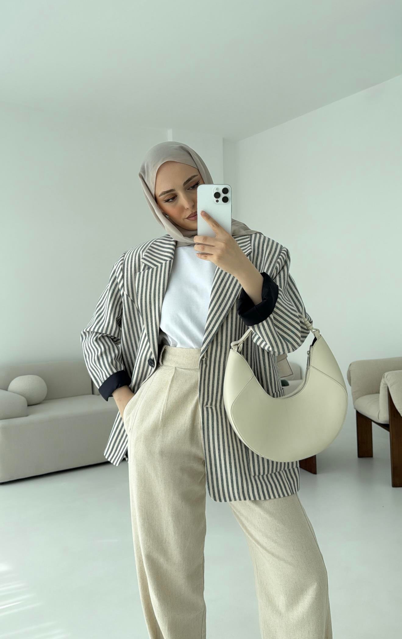 Çizgili Keten Lacivert Blazer Ceket