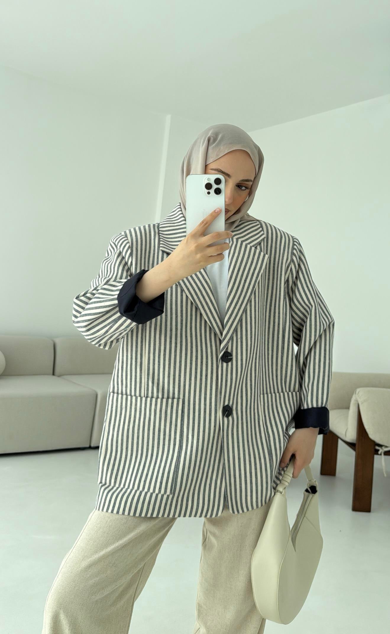 Çizgili Keten Lacivert Blazer Ceket