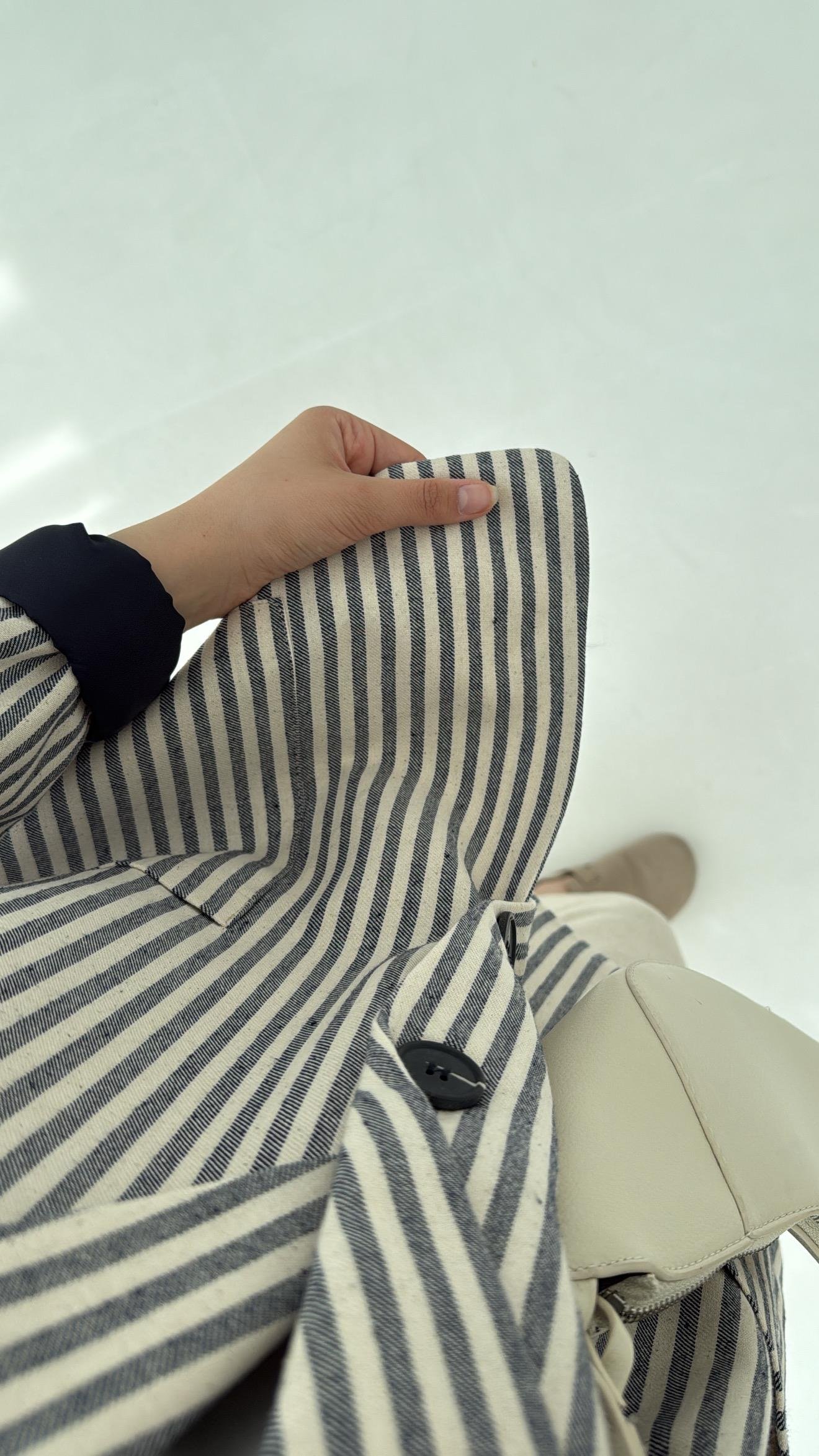 Çizgili Keten Lacivert Blazer Ceket