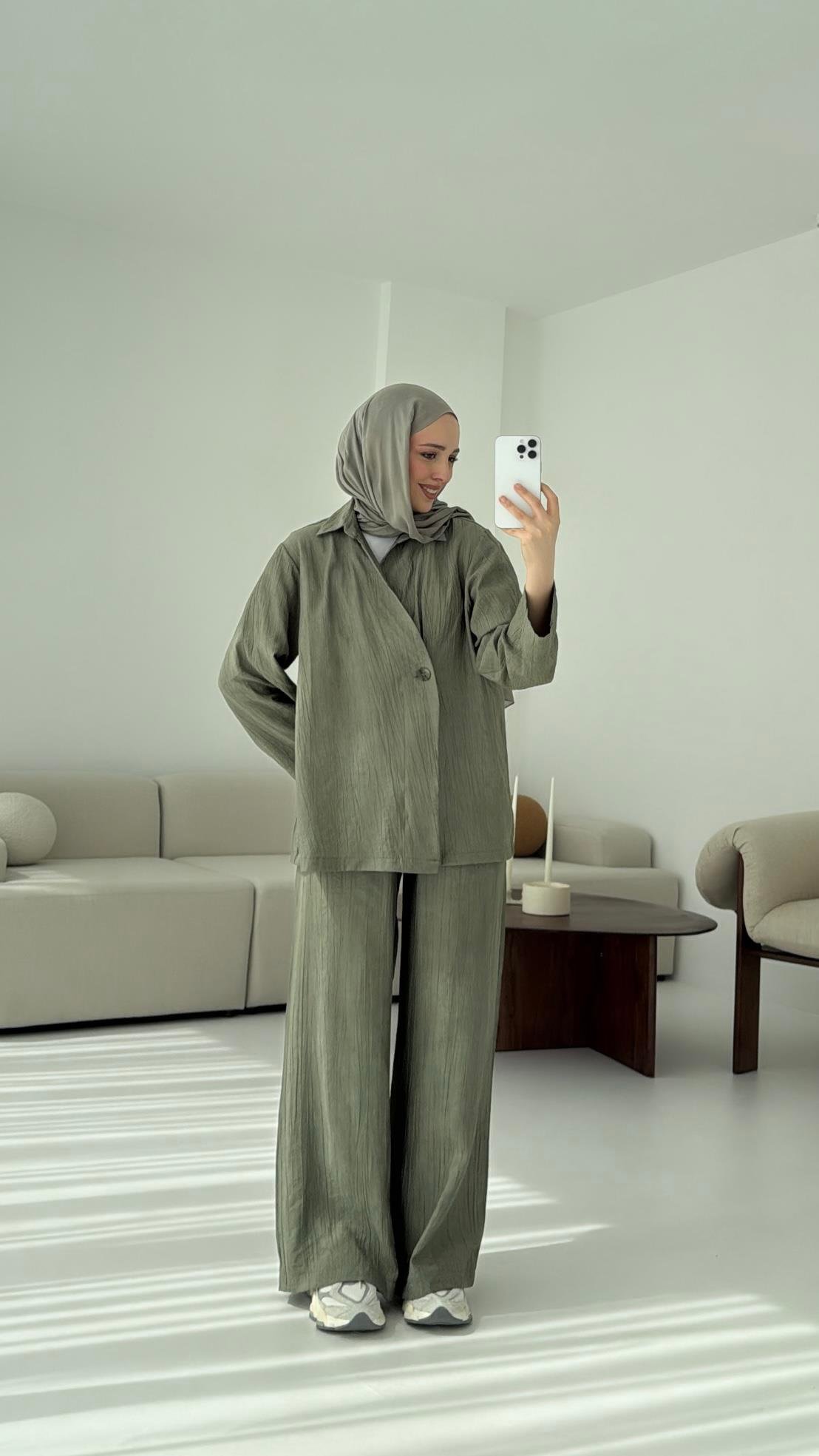 Düğme Detay Yazlık Takım Haki