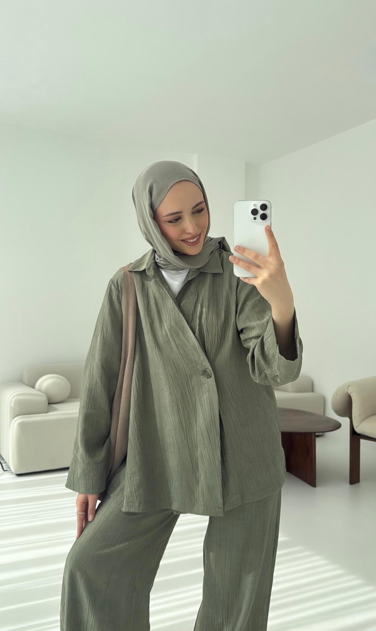 Düğme Detay Yazlık Takım Haki
