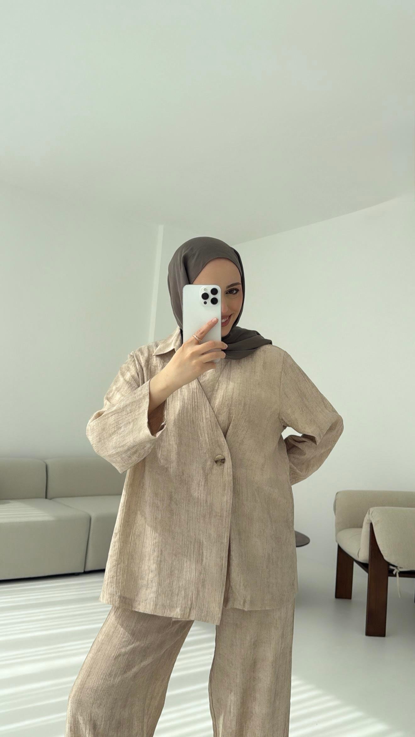 Düğme Detay Yazlık Takım Vizon