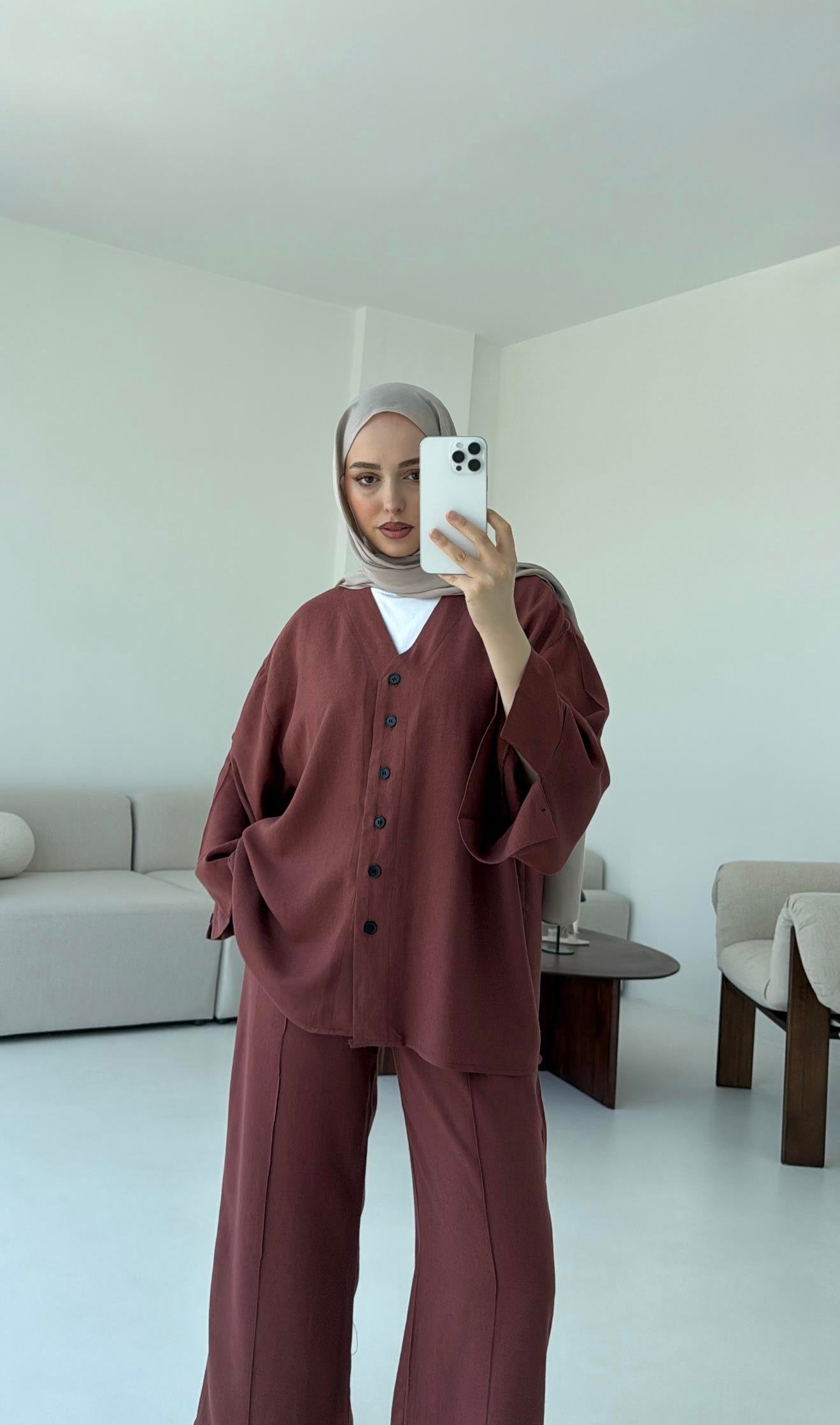 Düğmeli Kimono Takım Kiremit