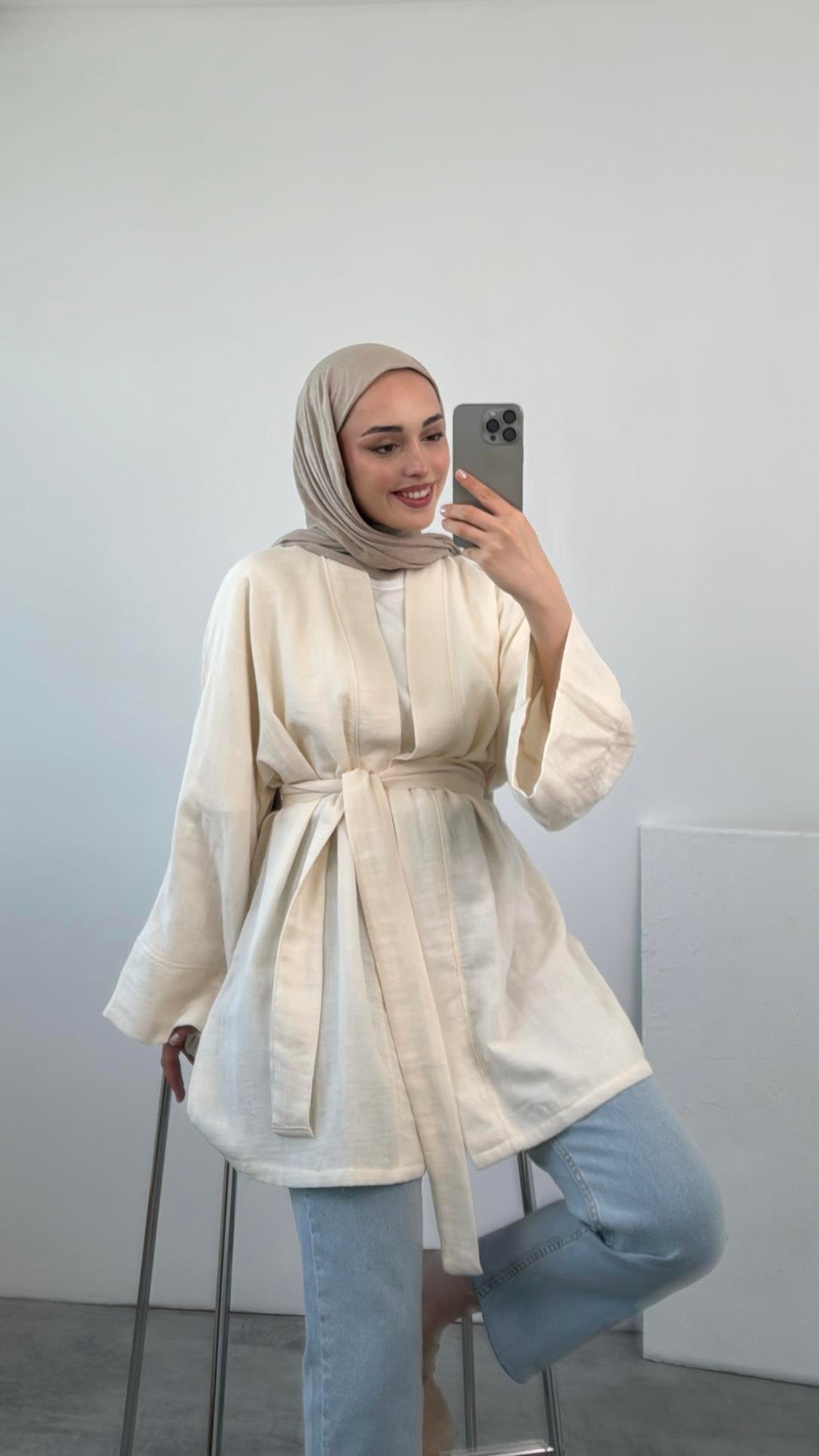 Ekru Bağlamalı Kimono 
