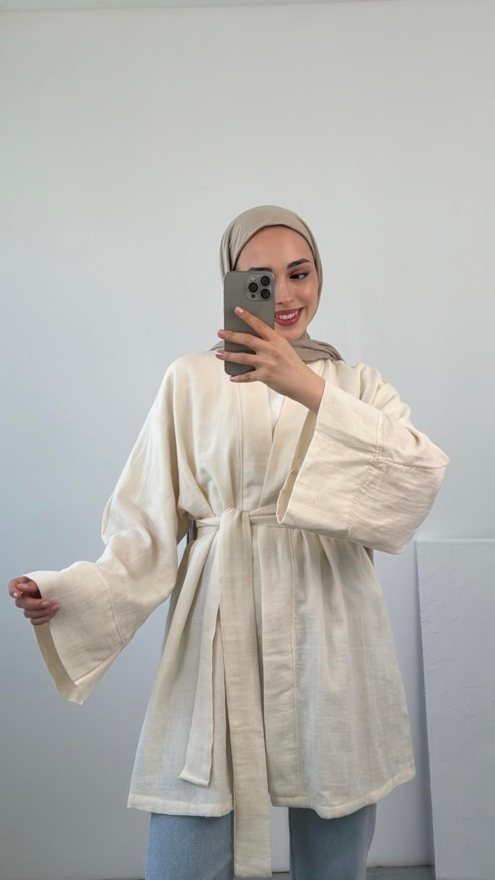 Ekru Bağlamalı Kimono 