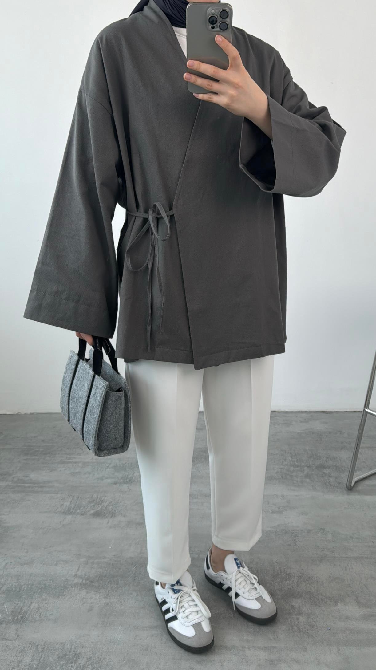 Gabardin Bağlamalı Ceket/Kimono Antrasit