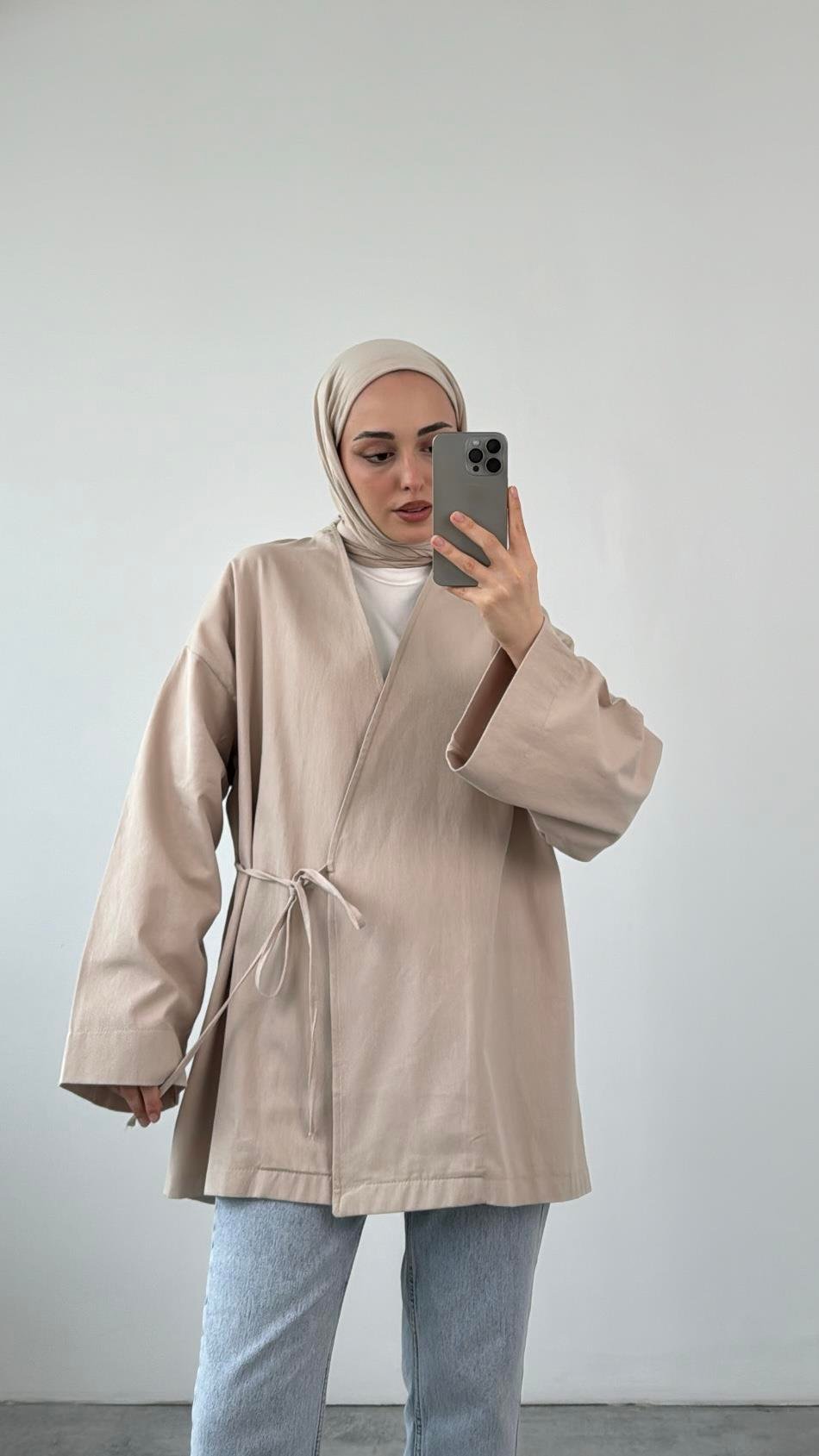 Gabardin Bağlamalı Ceket/Kimono Bej