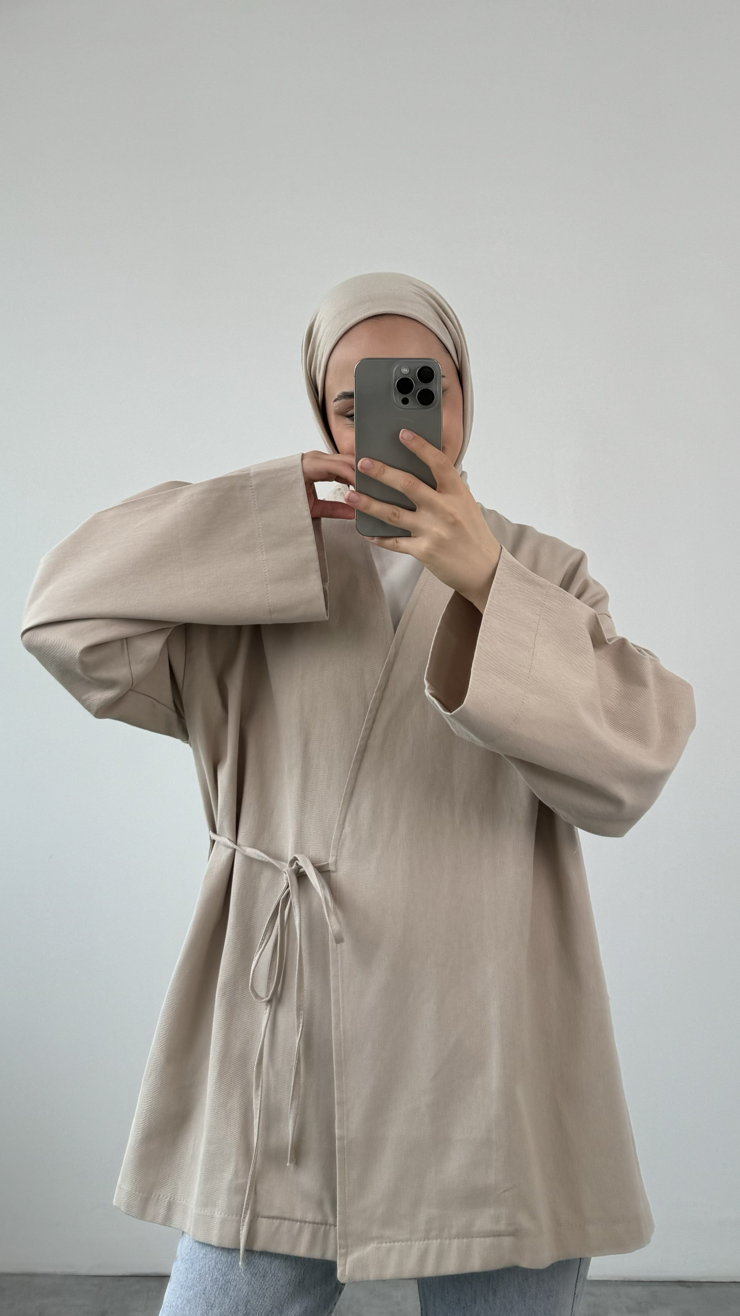 Gabardin Bağlamalı Ceket/Kimono Bej