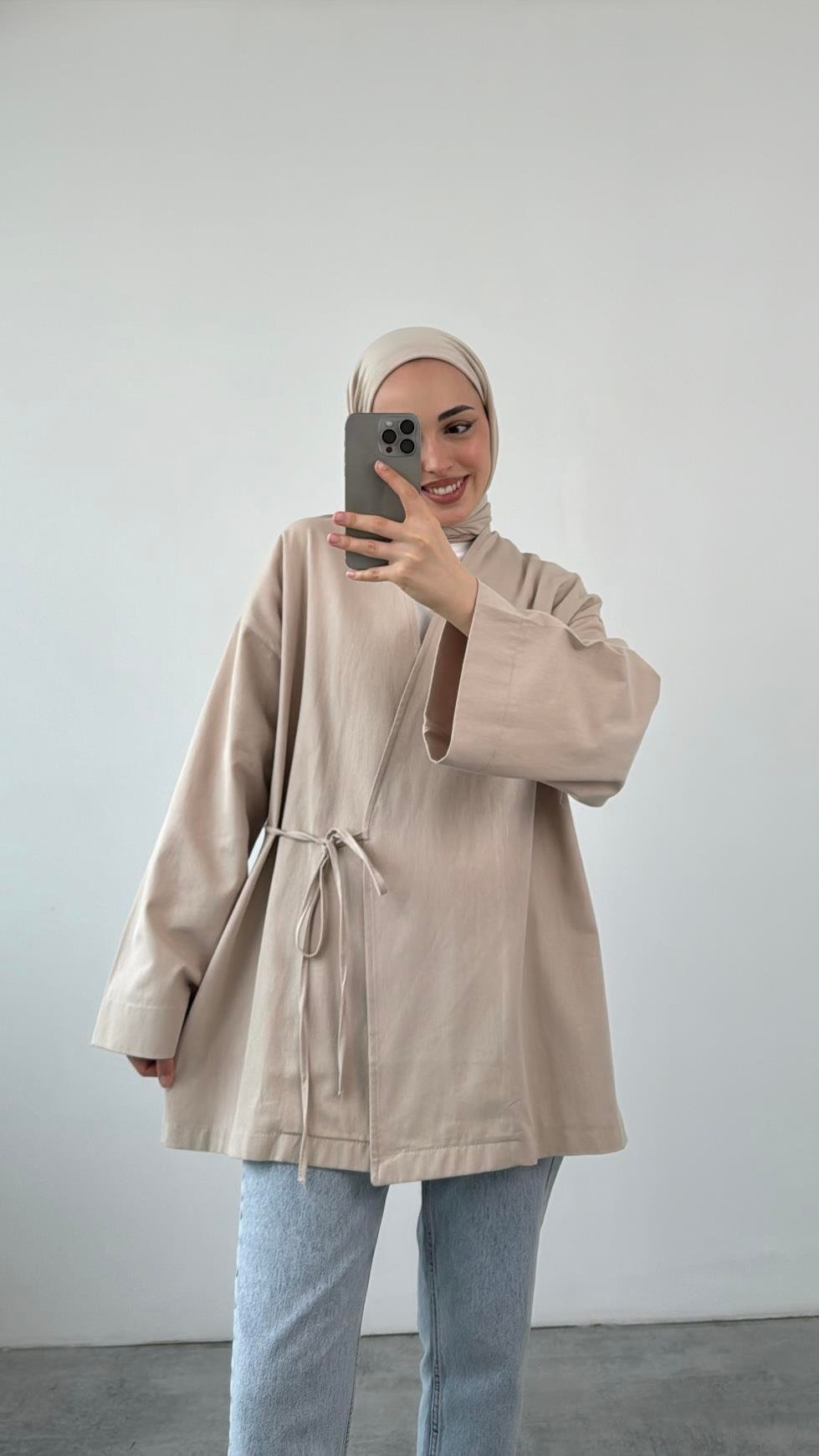 Gabardin Bağlamalı Ceket/Kimono Bej