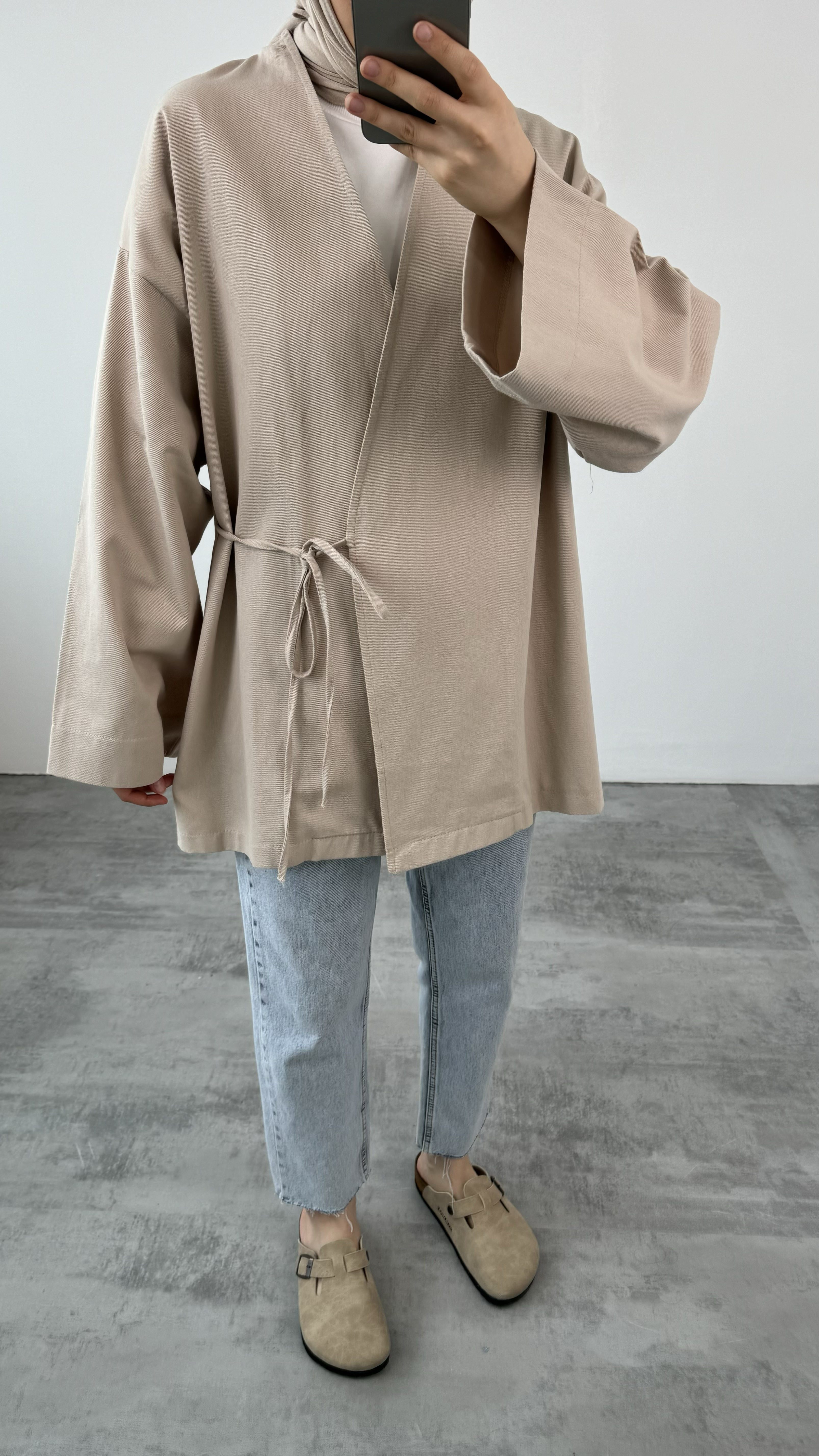 Gabardin Bağlamalı Ceket/Kimono Bej