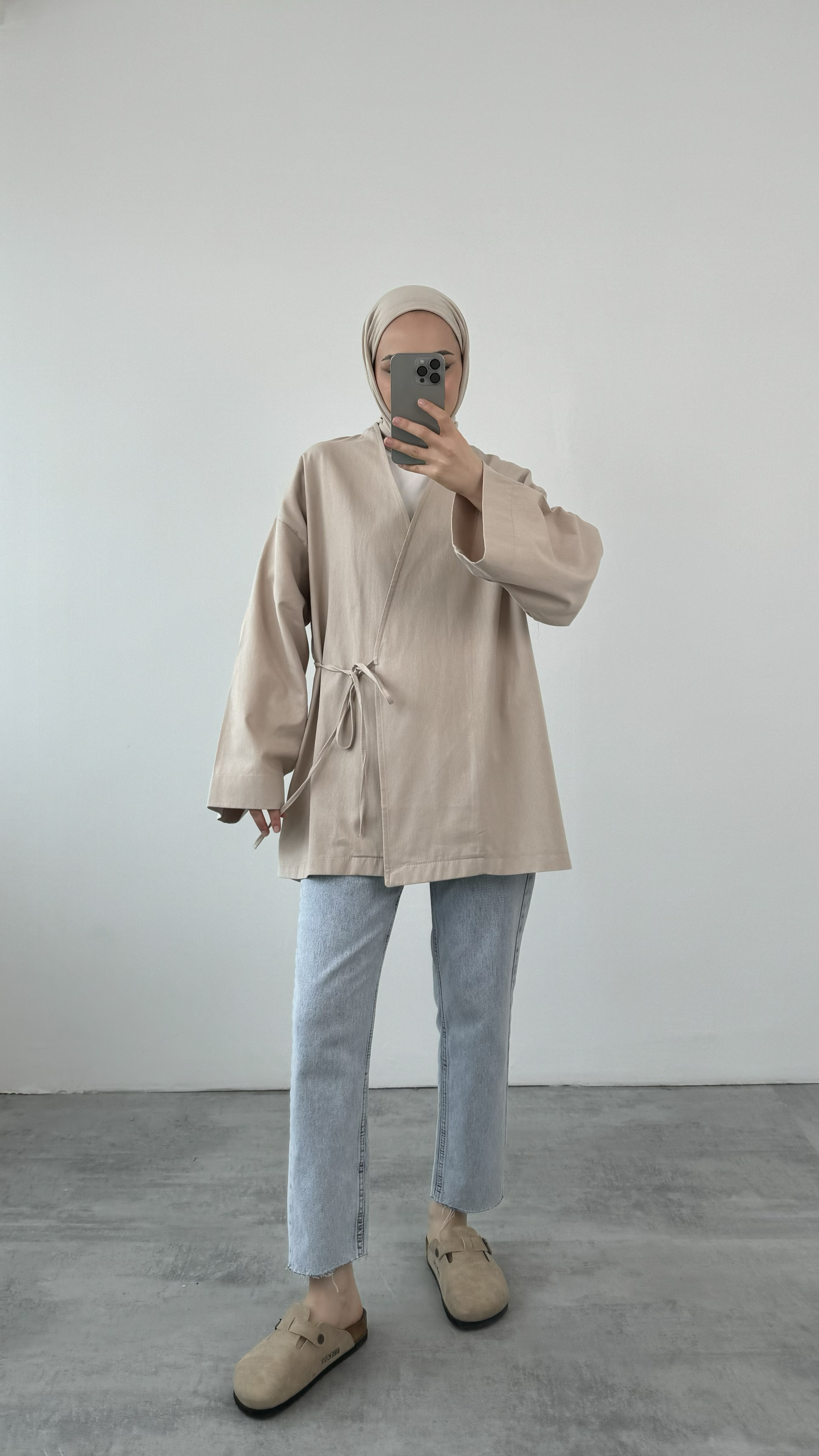 Gabardin Bağlamalı Ceket/Kimono Bej