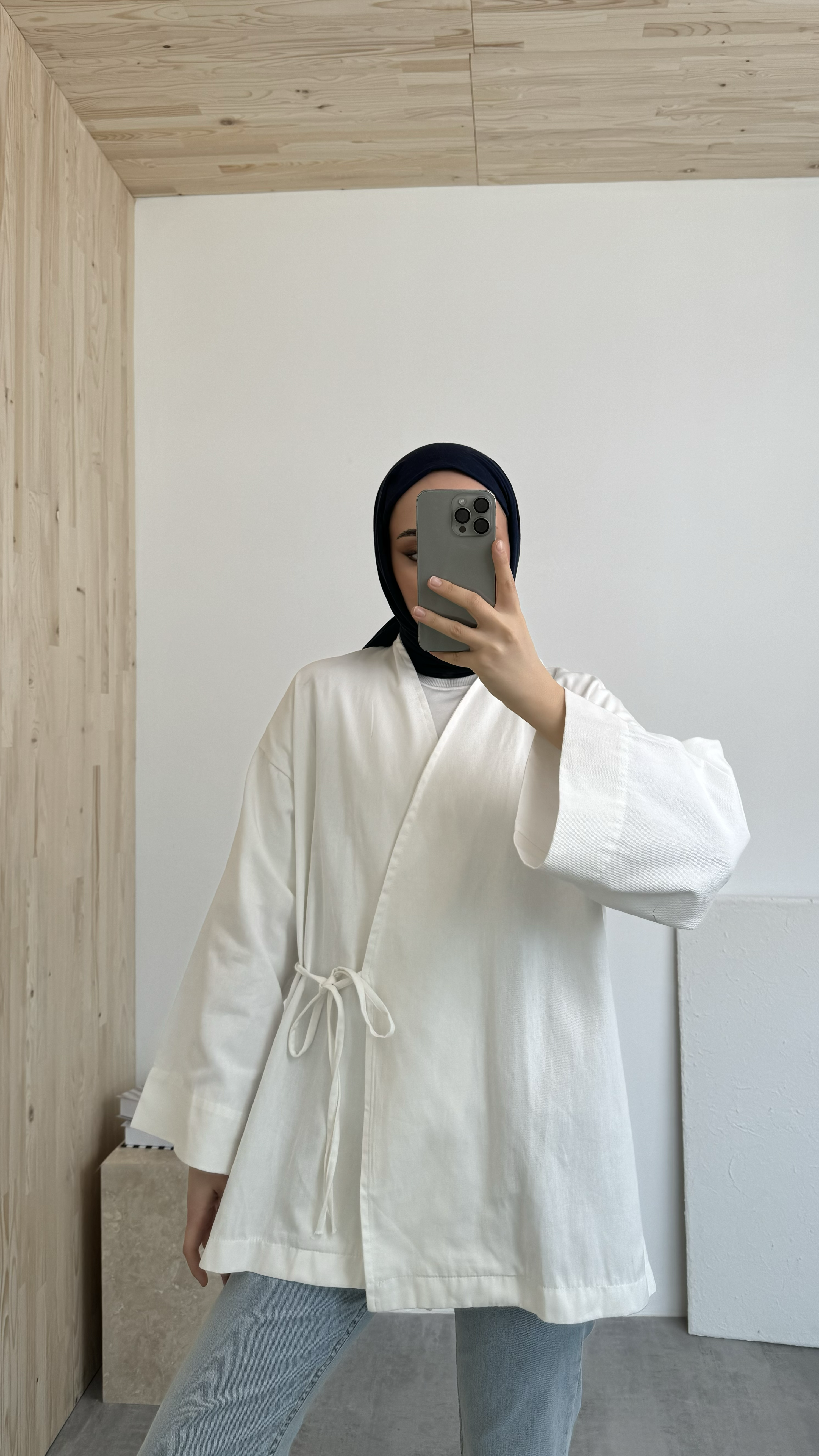 Gabardin Bağlamalı Ceket/Kimono Beyaz