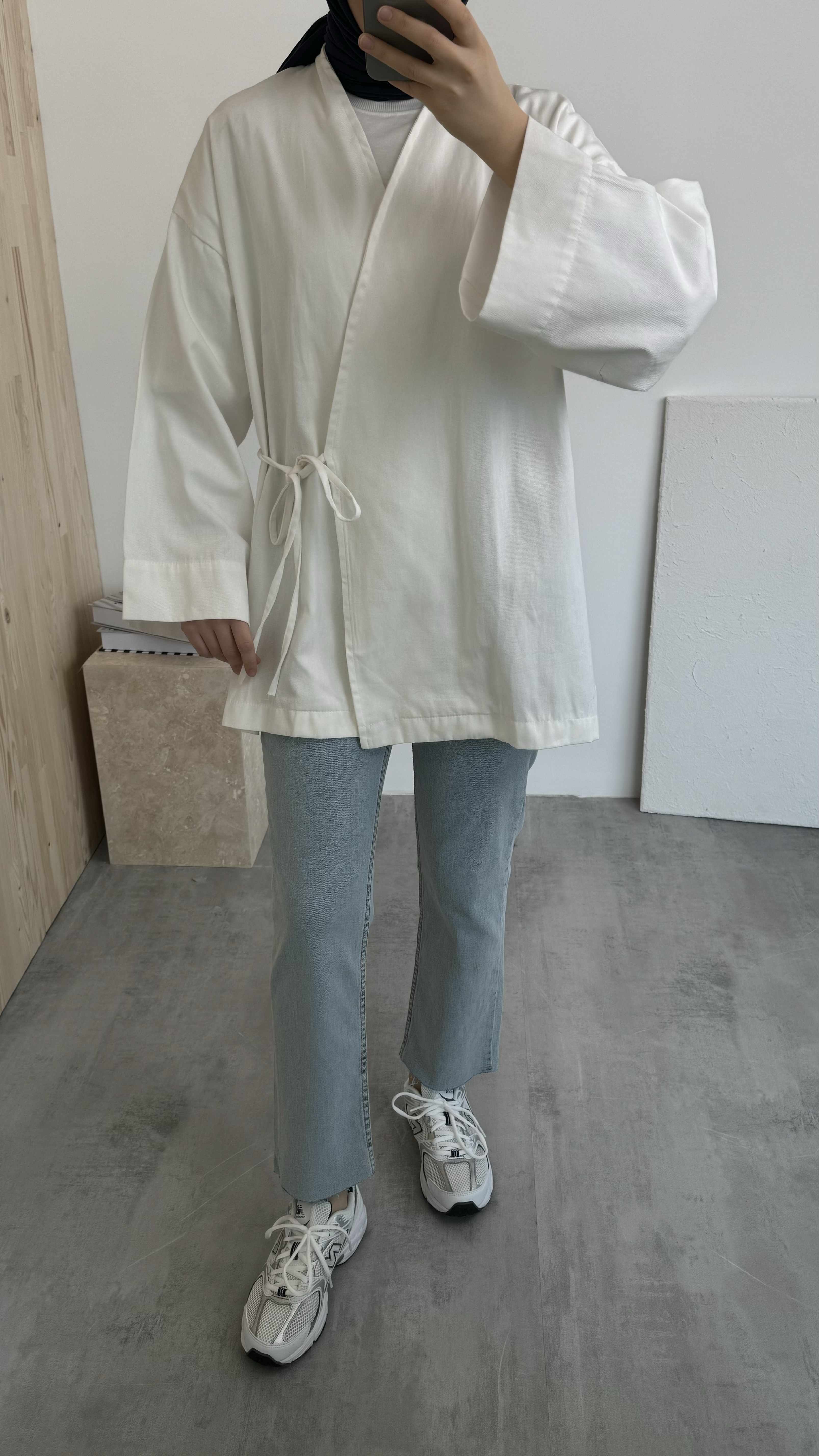 Gabardin Bağlamalı Ceket/Kimono Beyaz