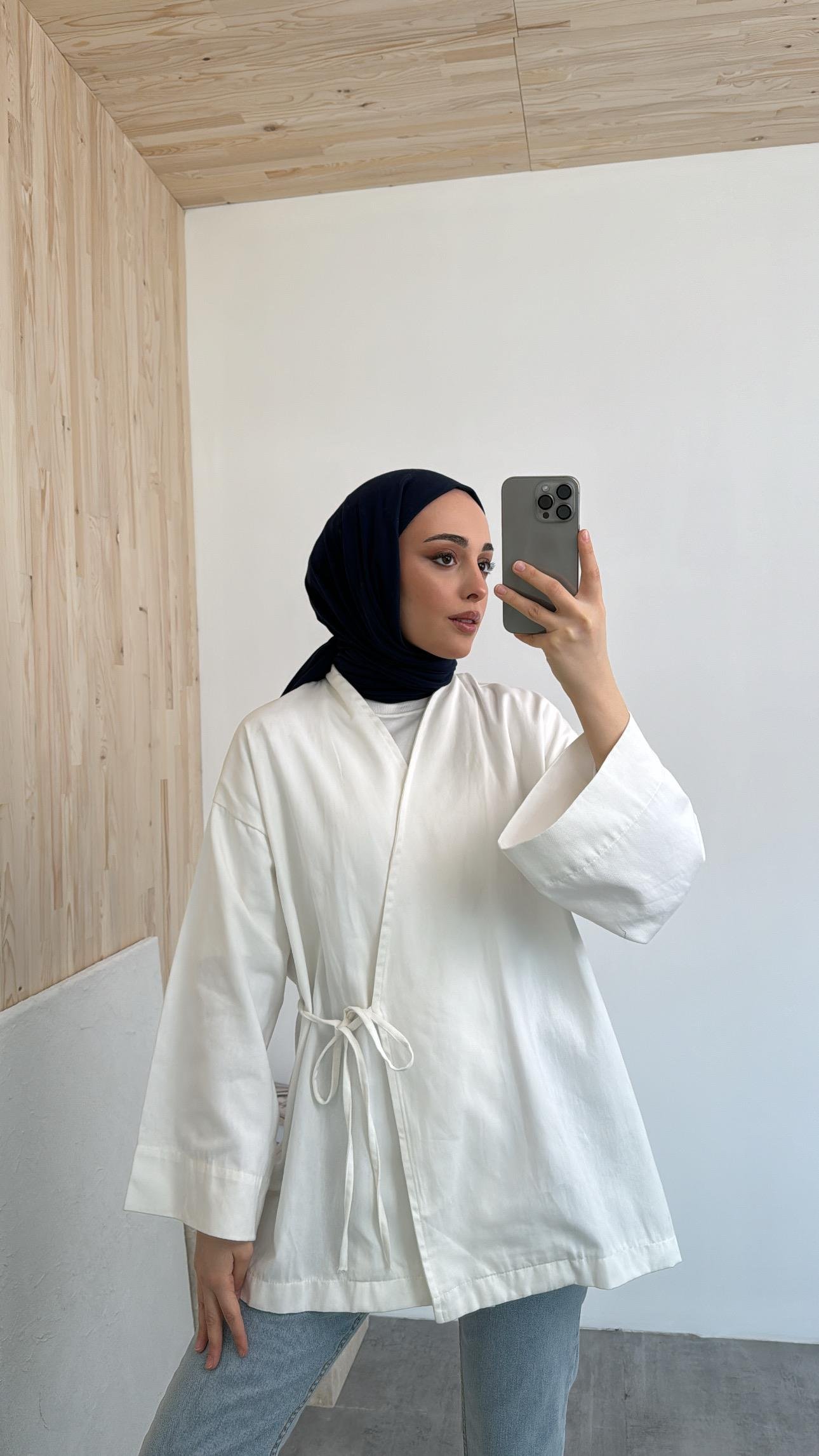 Gabardin Bağlamalı Ceket/Kimono Beyaz