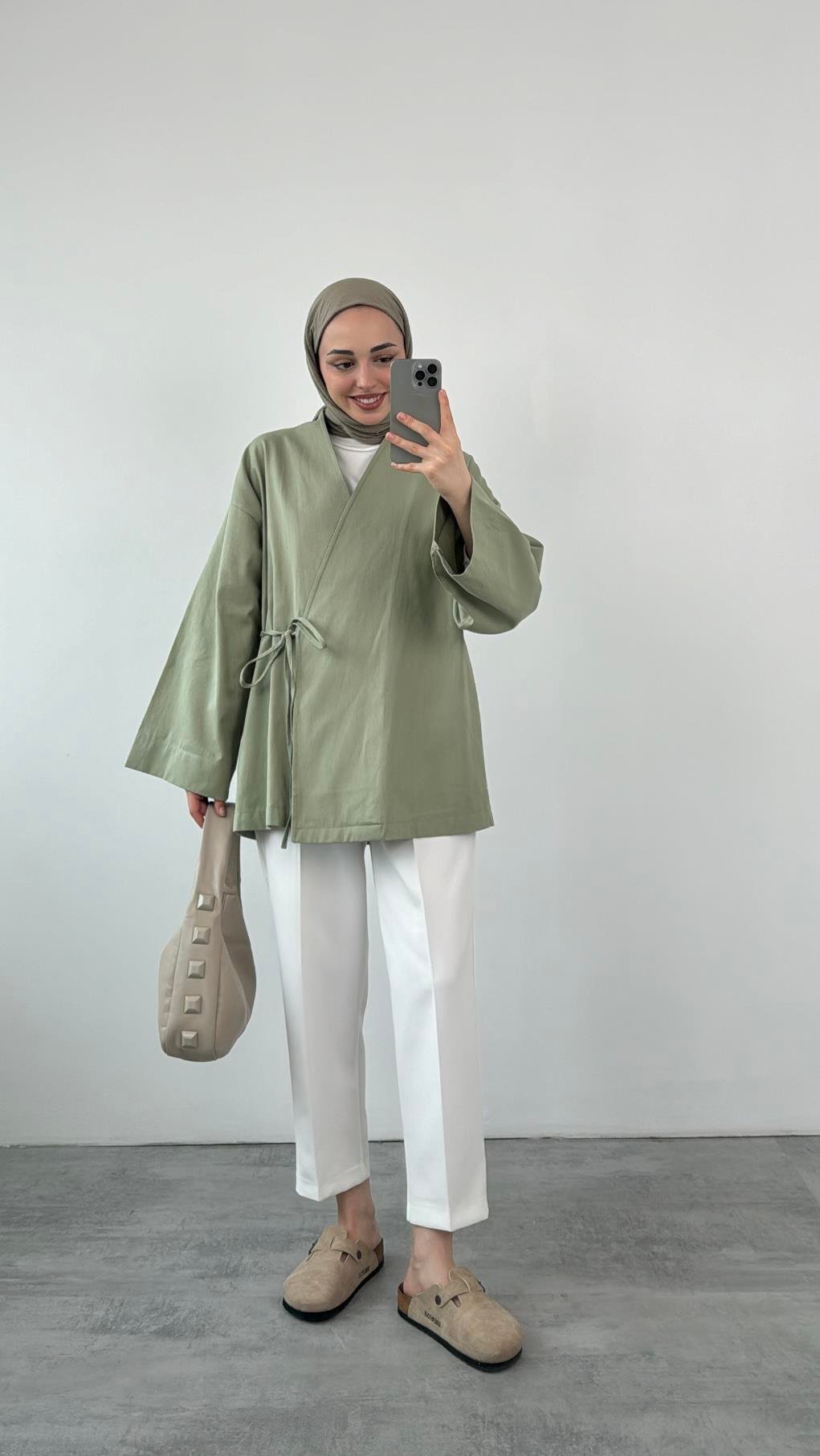 Gabardin Bağlamalı Ceket/Kimono Haki