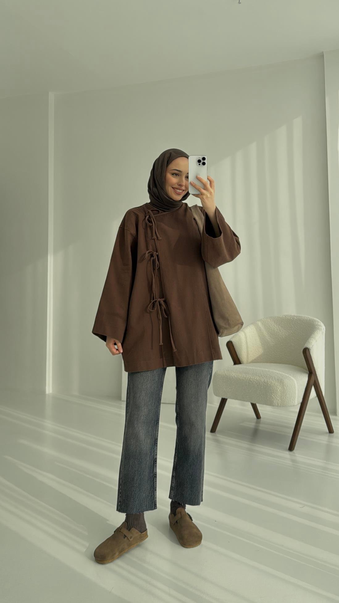 Gabardin Baglamalı Ceket/Kimono Kahve