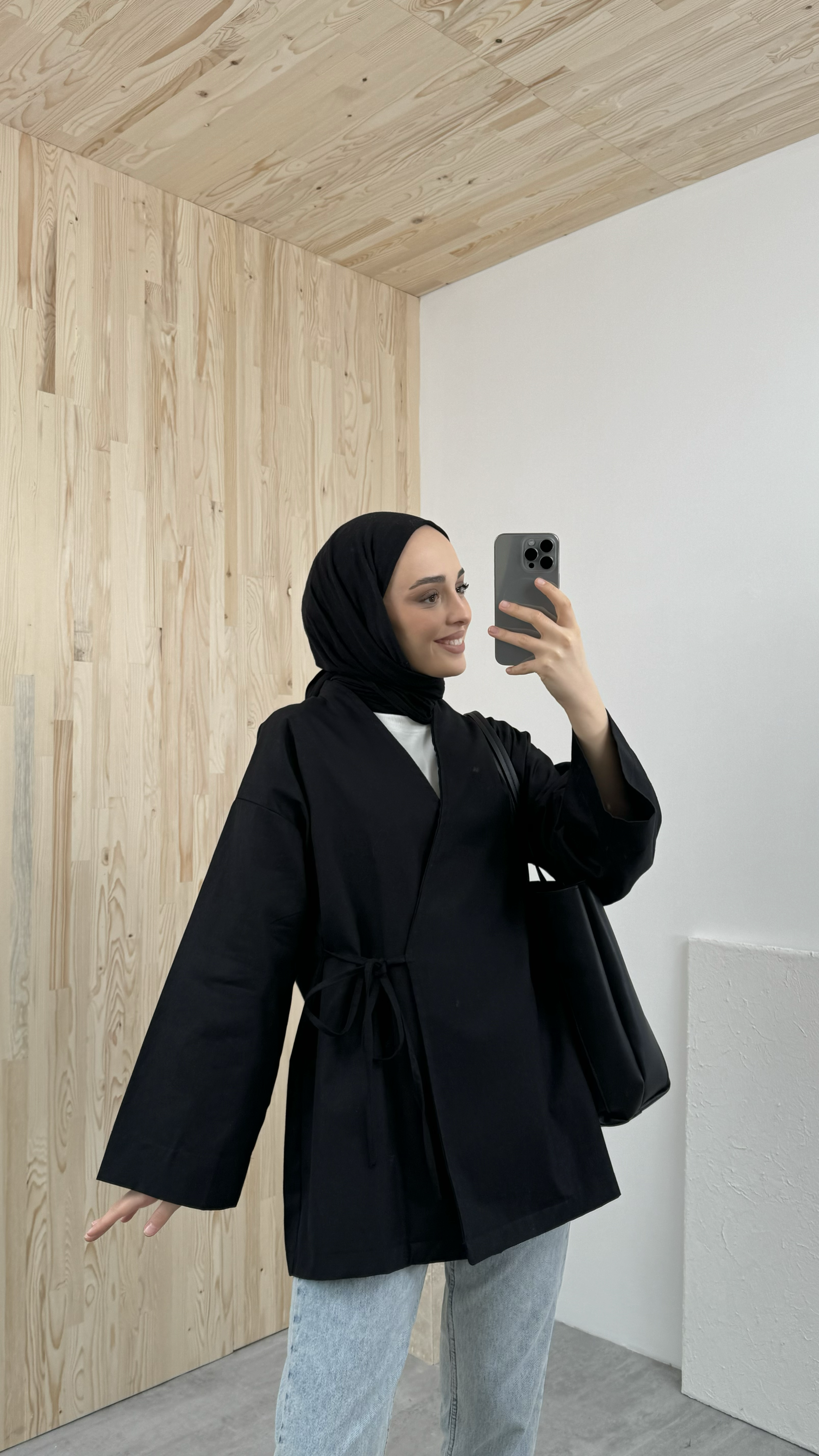 Gabardin Bağlamalı Ceket/Kimono Siyah