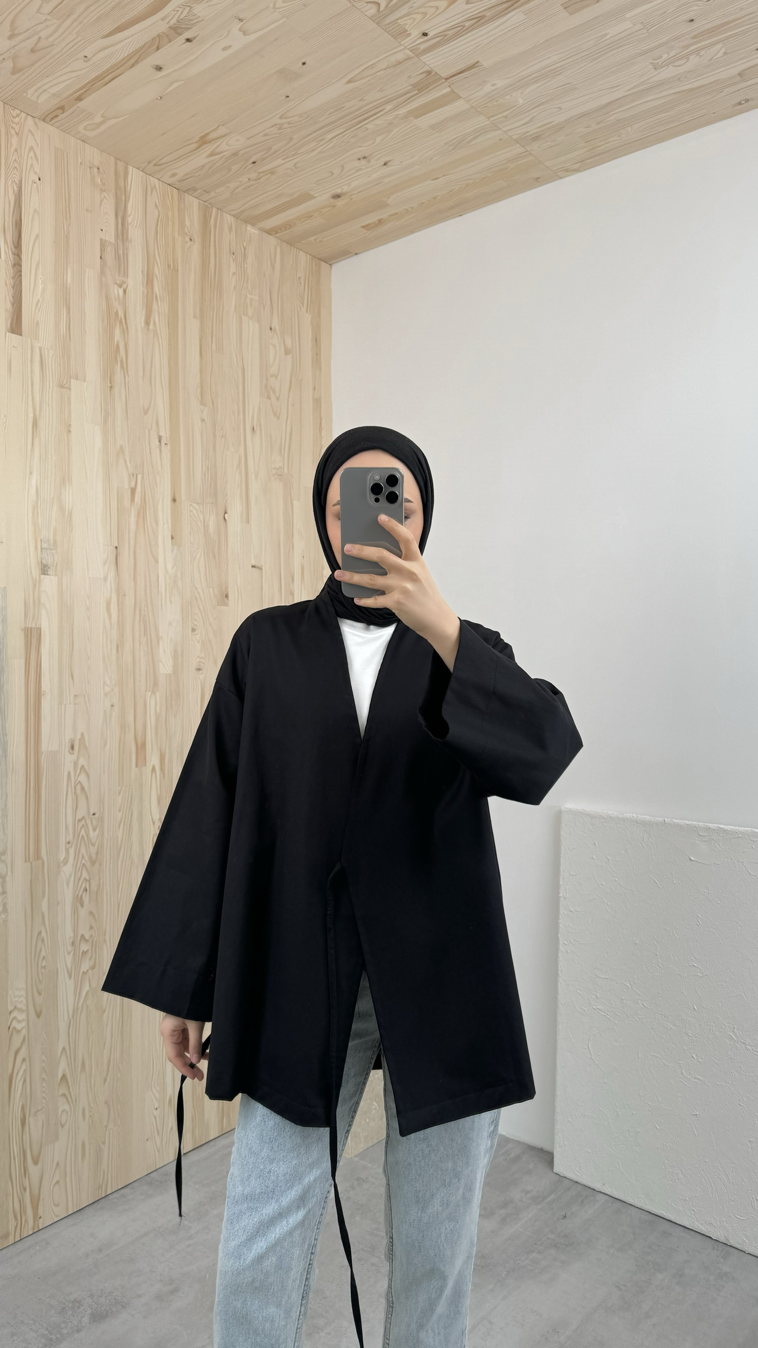 Gabardin Bağlamalı Ceket/Kimono Siyah