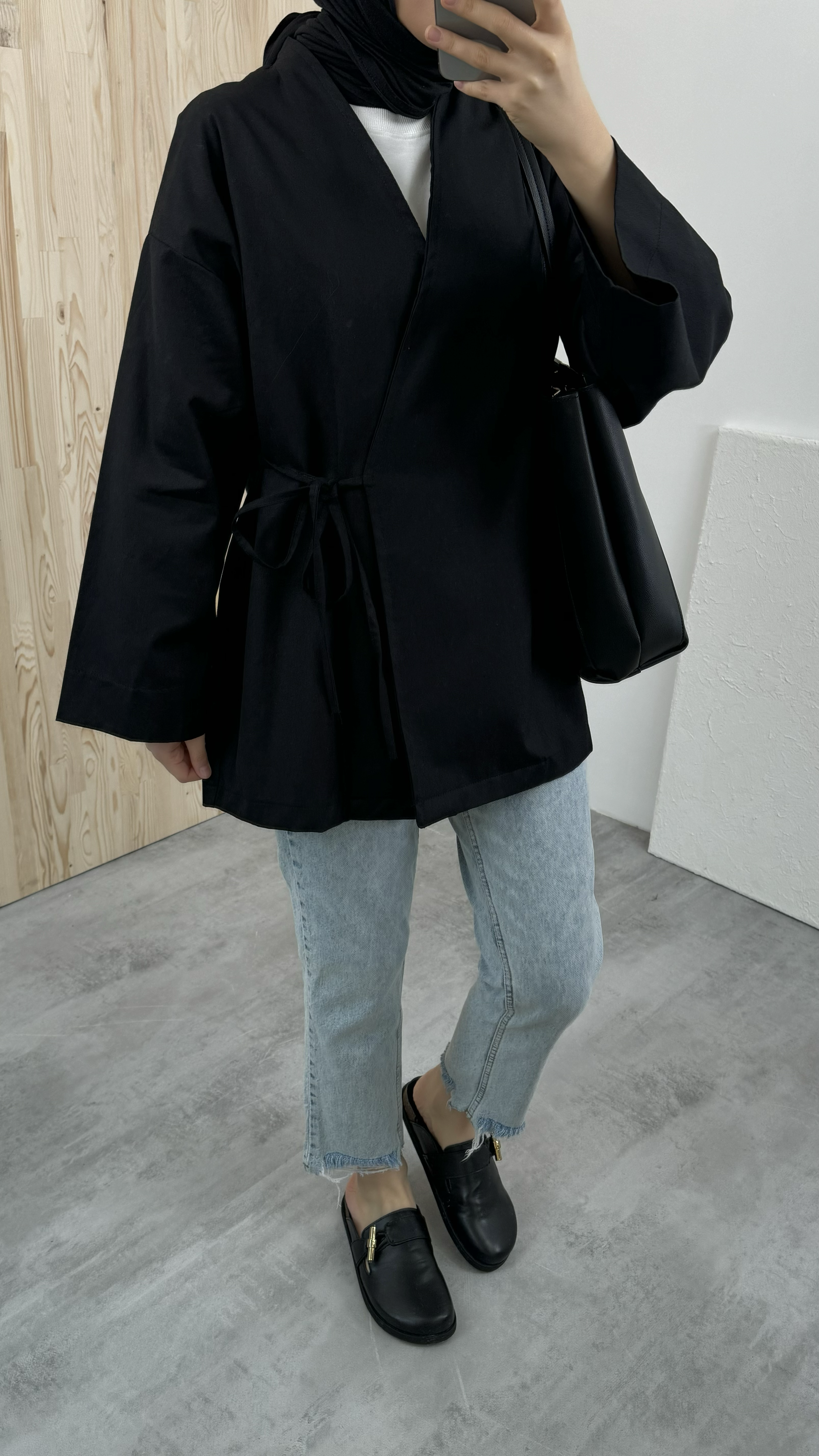 Gabardin Bağlamalı Ceket/Kimono Siyah