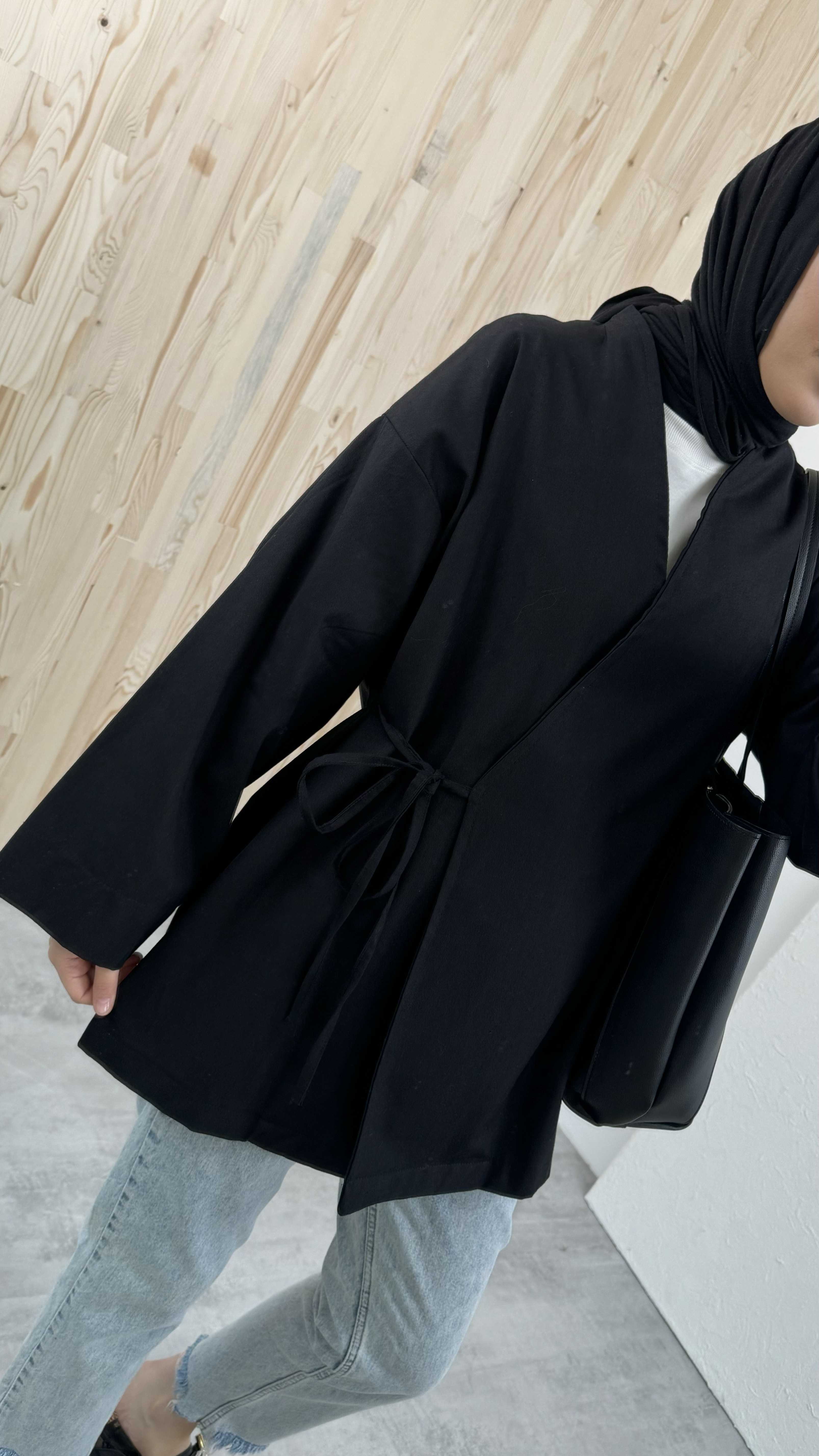 Gabardin Bağlamalı Ceket/Kimono Siyah