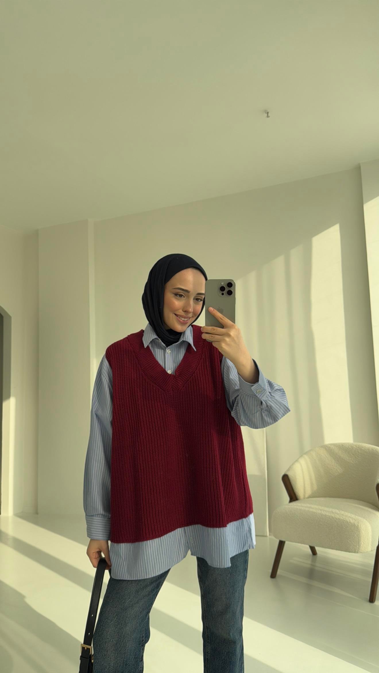 Gömlek Detaylı Triko Bordo