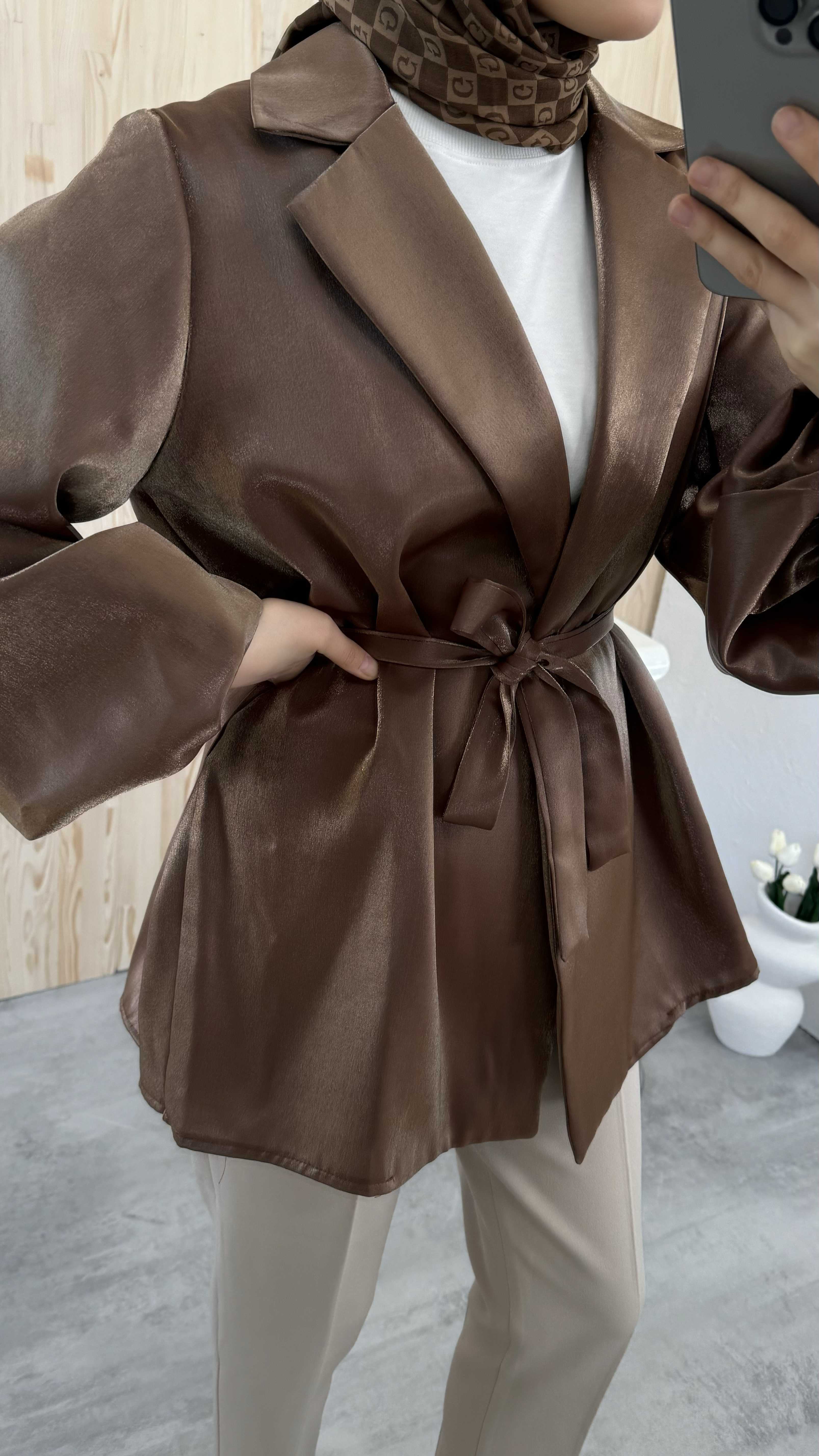 Kahve Balon Kol Bağlamalı Kimono/Ceket