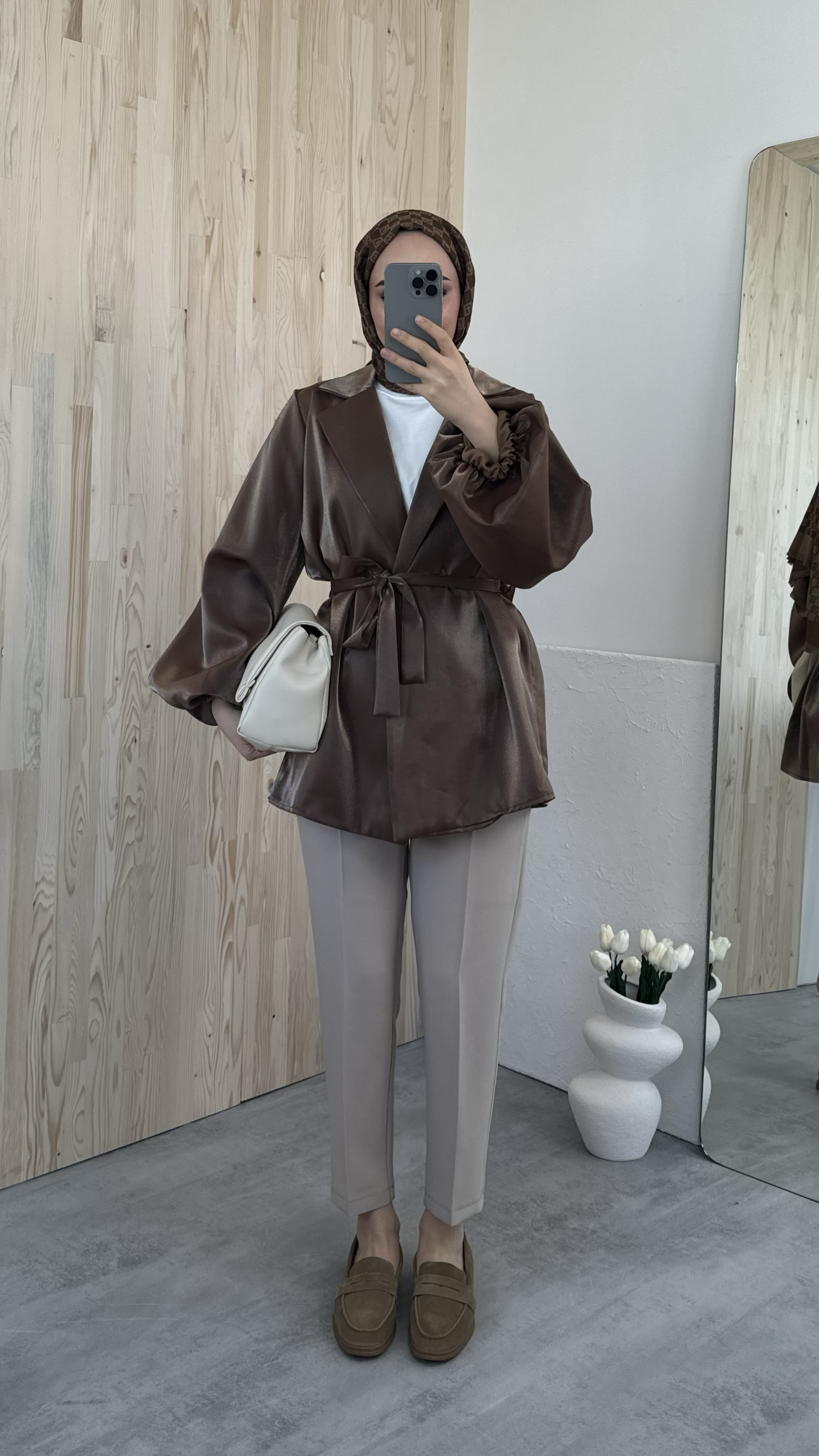 Kahve Balon Kol Bağlamalı Kimono/Ceket