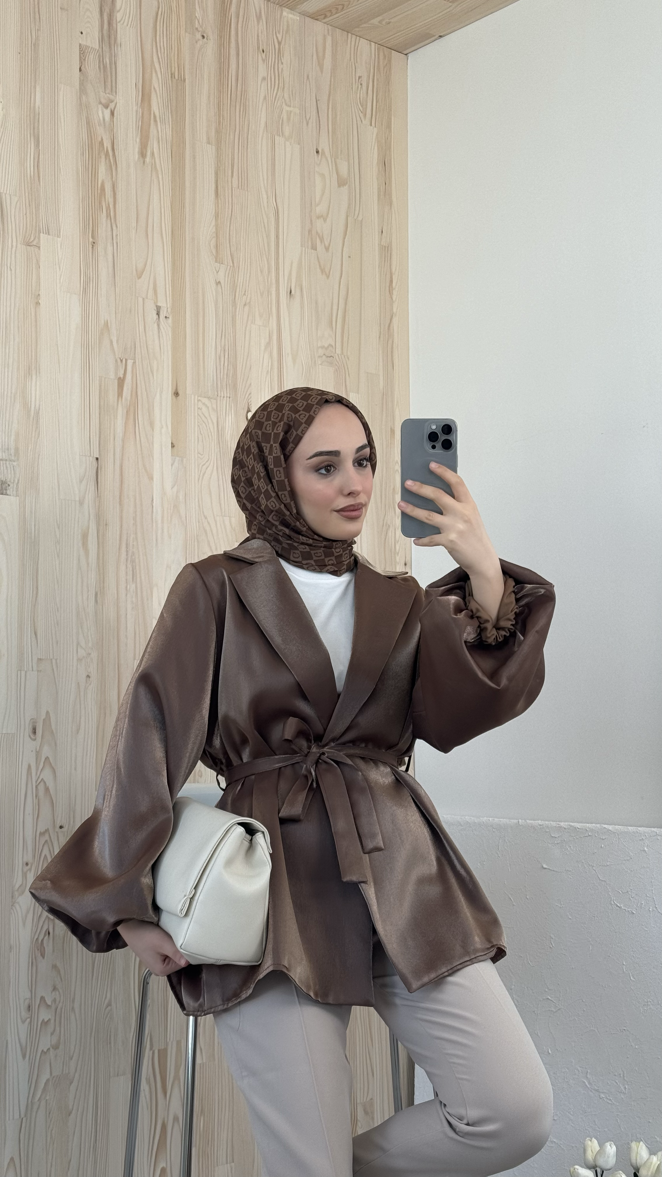 Kahve Balon Kol Bağlamalı Kimono/Ceket