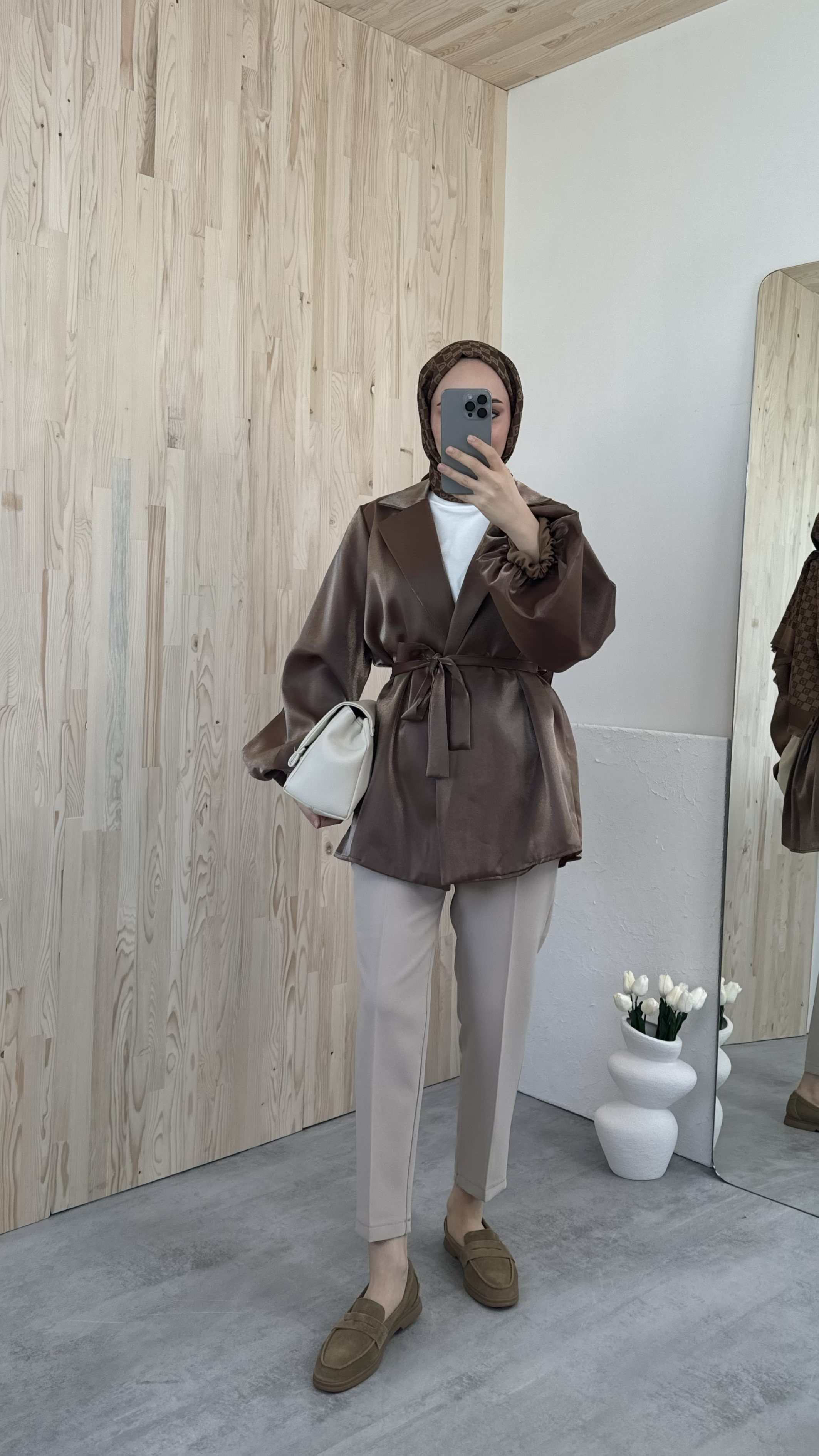 Kahve Balon Kol Bağlamalı Kimono/Ceket